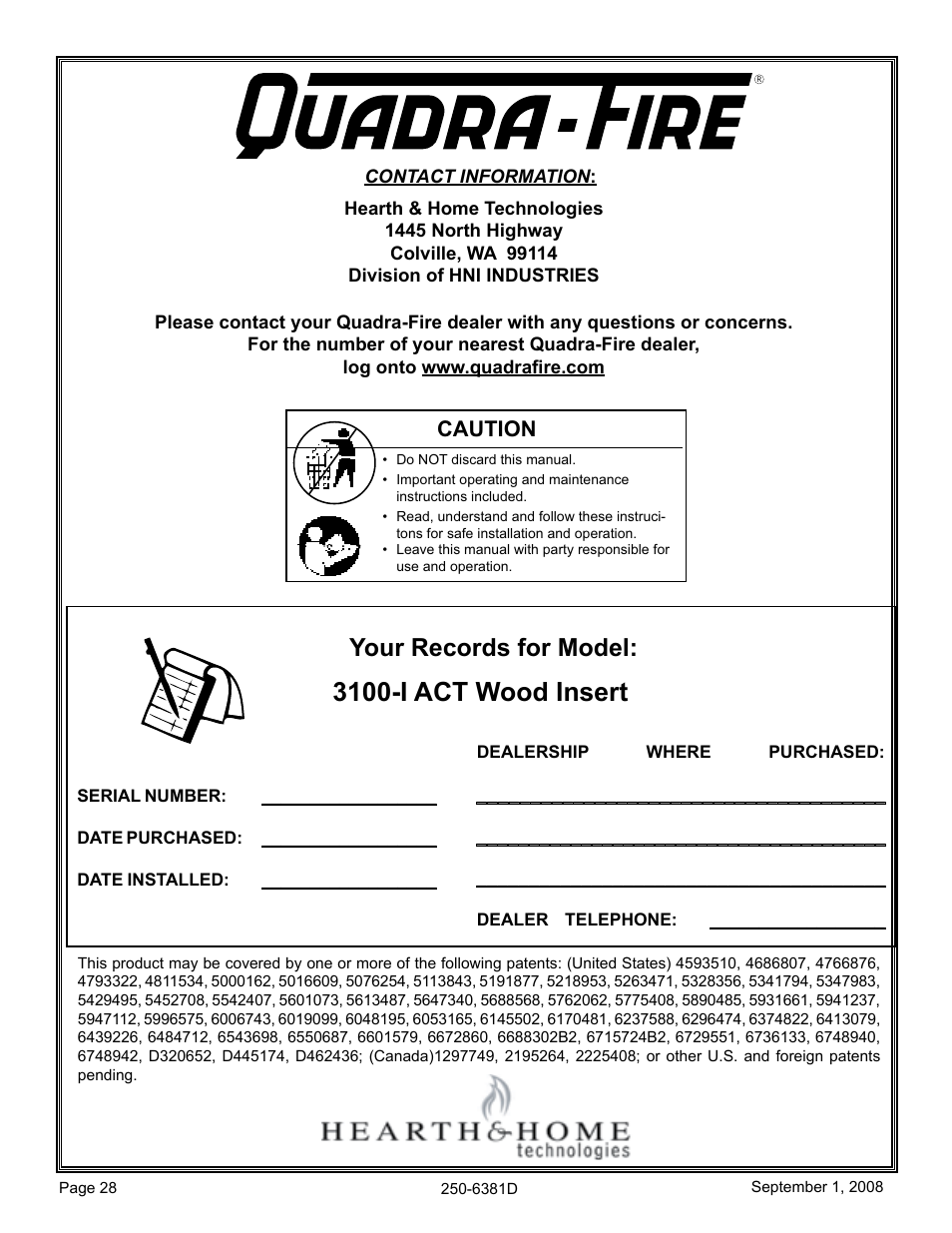 3100-i act wood insert, Your records for model, Caution | Hearth and Home Technologies 3100-I User Manual | Page 28 / 28