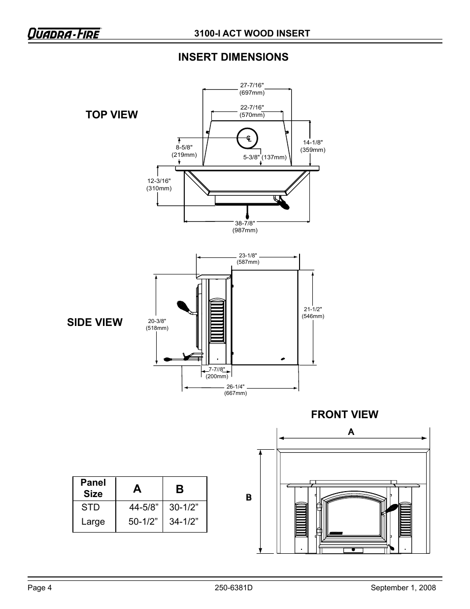 Insert dimensions top view side view front view, Panel size, 3100-i act wood insert | Hearth and Home Technologies 3100-I User Manual | Page 4 / 28
