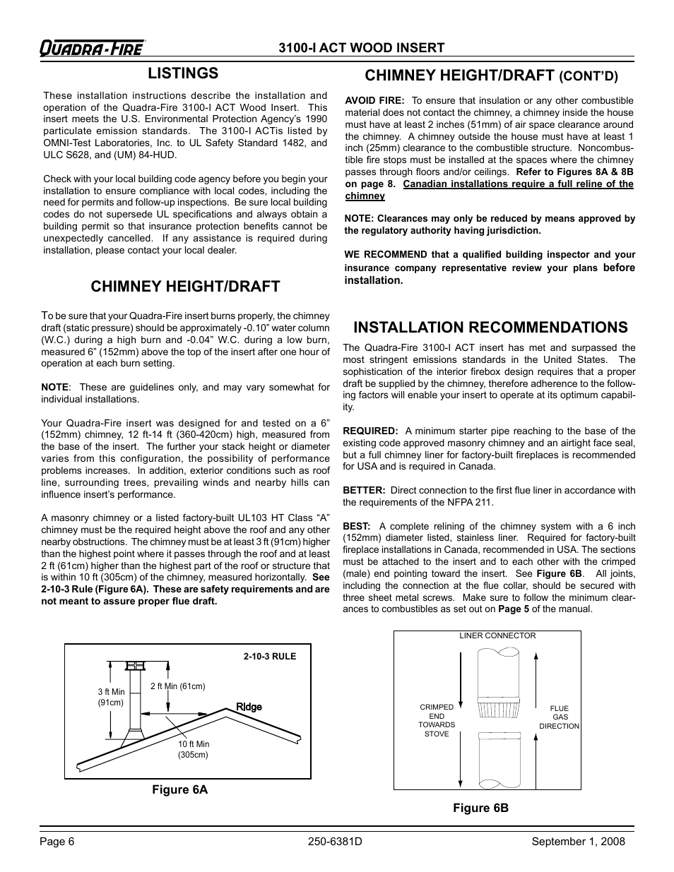 Chimney height/draft, Installation recommendations, Listings chimney height/draft | 3100-i act wood insert, Cont’d) | Hearth and Home Technologies 3100-I User Manual | Page 6 / 28