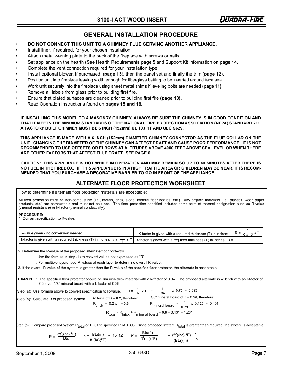 General installation procedure, 3100-i act wood insert, Alternate floor protection worksheet | Hearth and Home Technologies 3100-I User Manual | Page 7 / 28