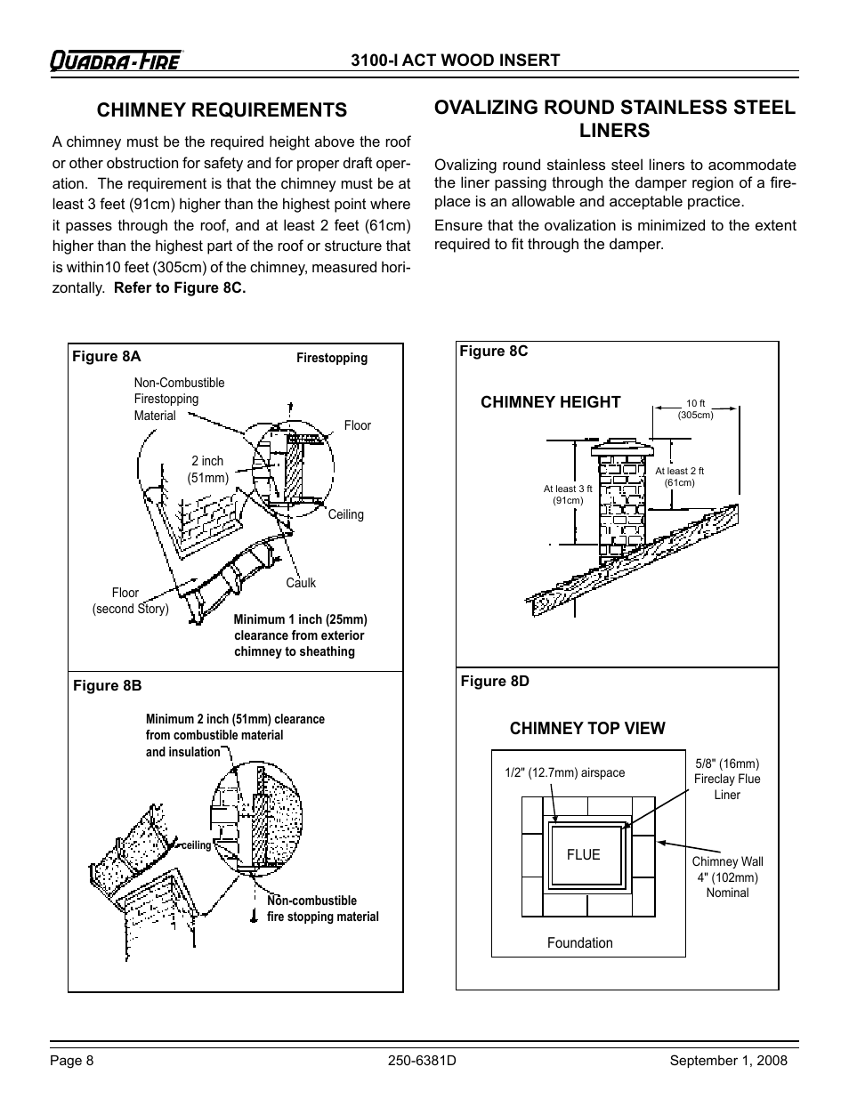 Chimney requirements, Ovalizing round stainless steel liners, Chimney top view | Hearth and Home Technologies 3100-I User Manual | Page 8 / 28