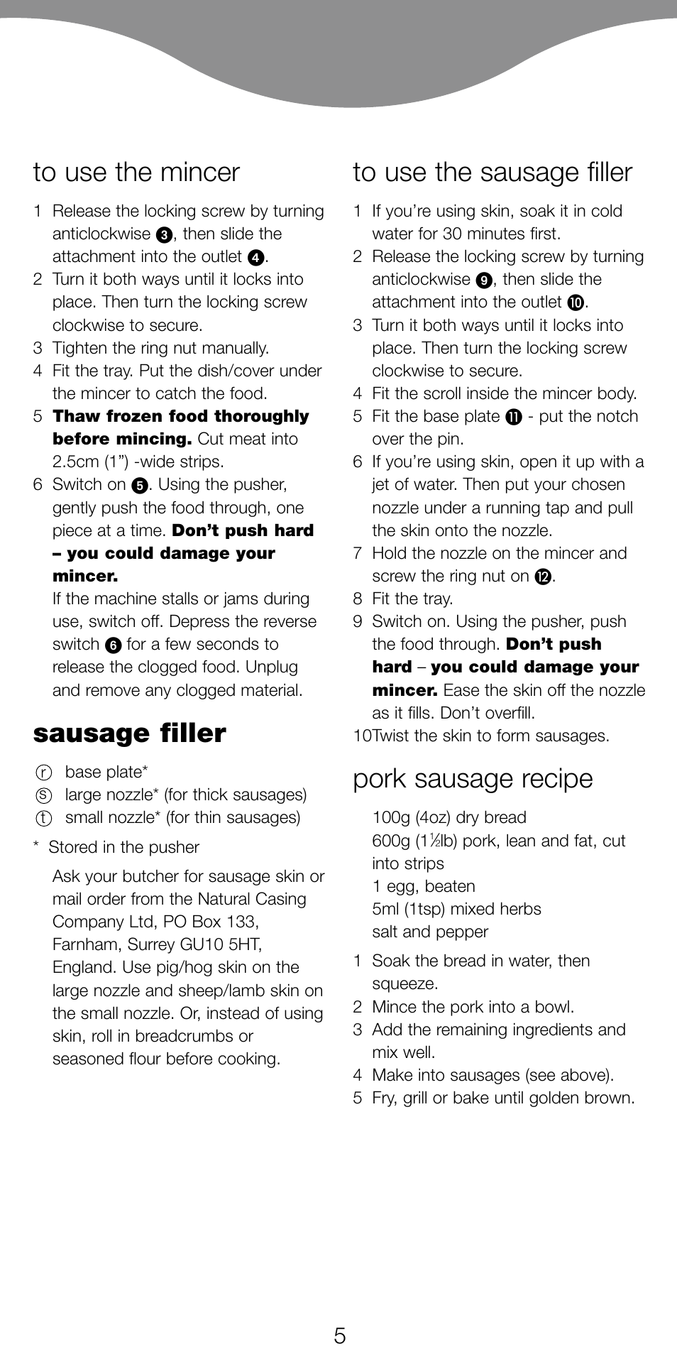 Sausage filler, Pork sausage recipe | Kenwood MG470 User Manual | Page 10 / 76