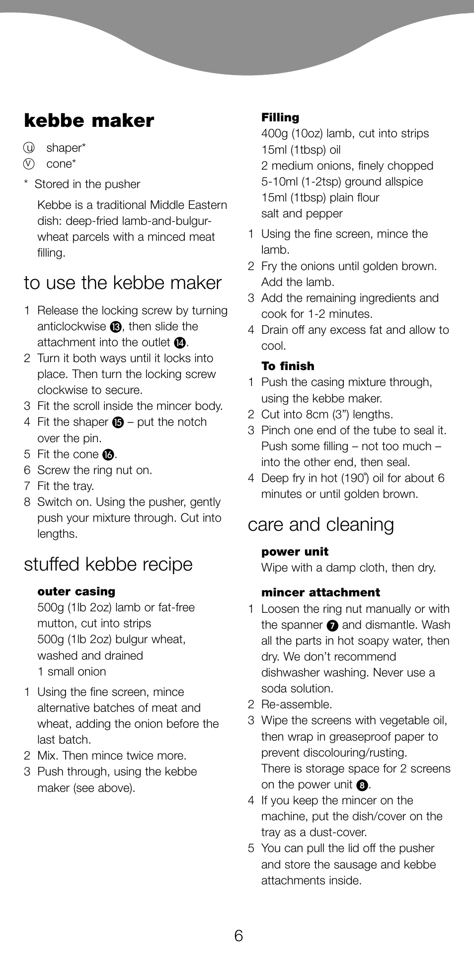 Kebbe maker, Stuffed kebbe recipe, Care and cleaning | Kenwood MG470 User Manual | Page 11 / 76