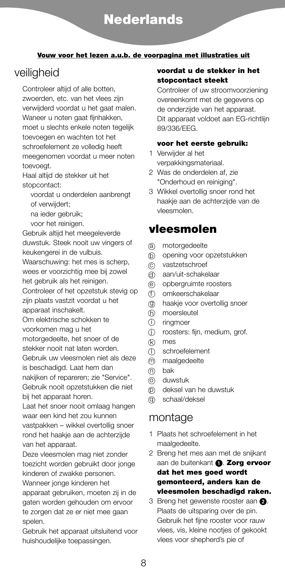 Nederlands, Veiligheid, Vleesmolen | Montage | Kenwood MG470 User Manual | Page 13 / 76