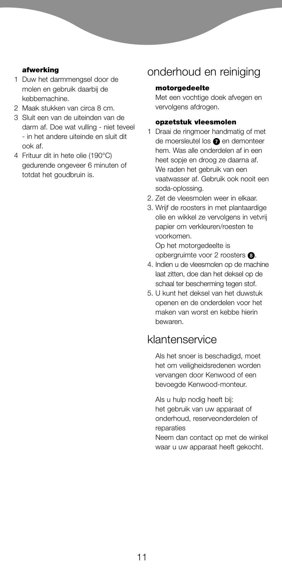 Onderhoud en reiniging, Klantenservice | Kenwood MG470 User Manual | Page 16 / 76