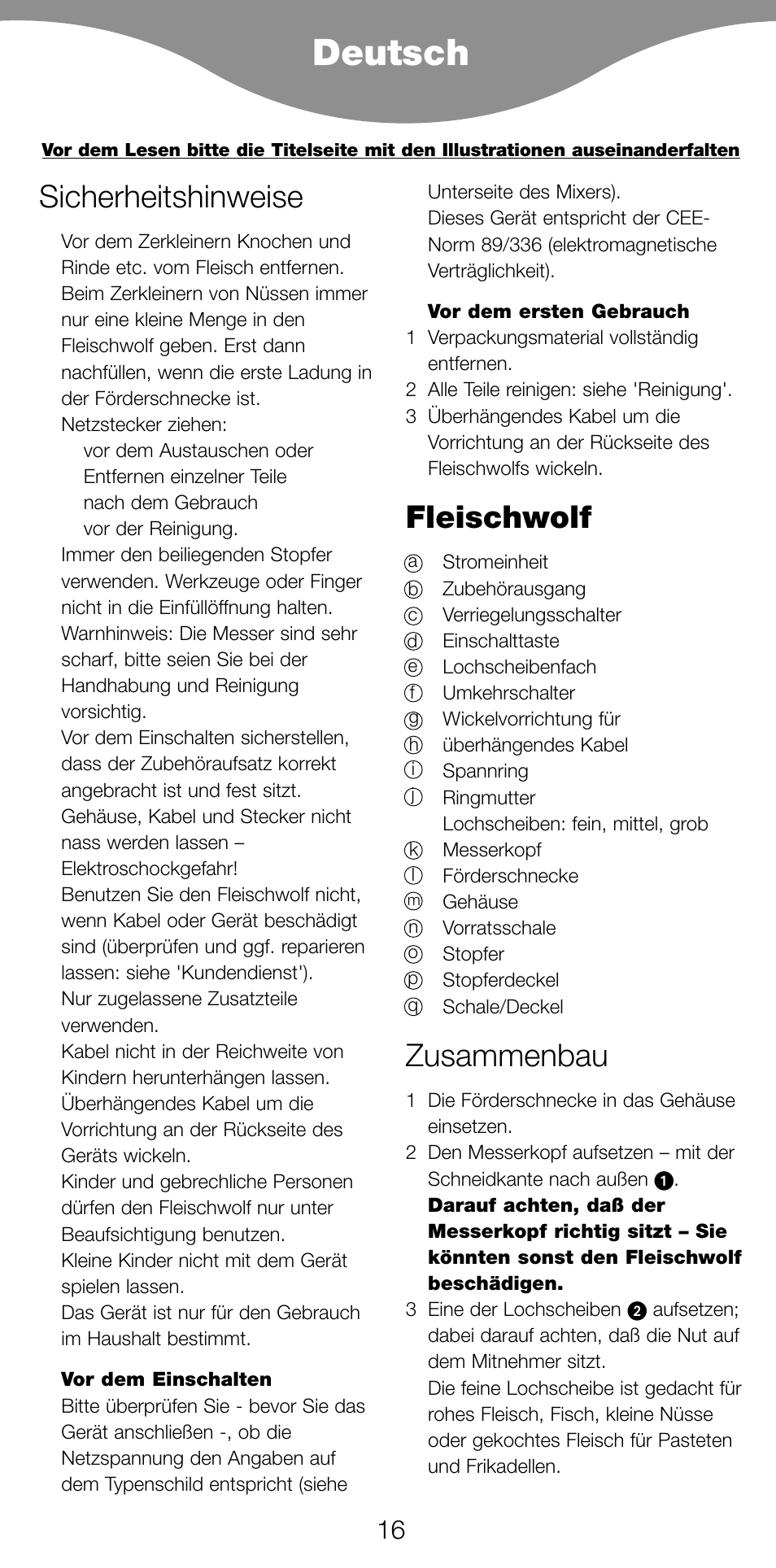 Deutsch, Sicherheitshinweise, Fleischwolf | Zusammenbau | Kenwood MG470 User Manual | Page 21 / 76