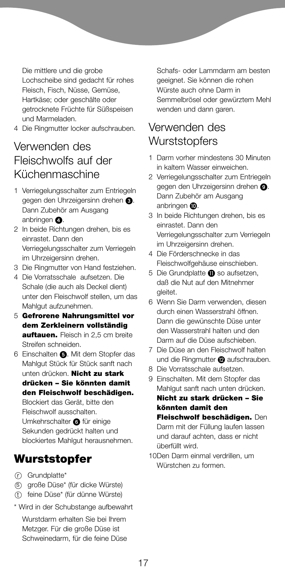 Verwenden des fleischwolfs auf der küchenmaschine, Wurststopfer, Verwenden des wurststopfers | Kenwood MG470 User Manual | Page 22 / 76