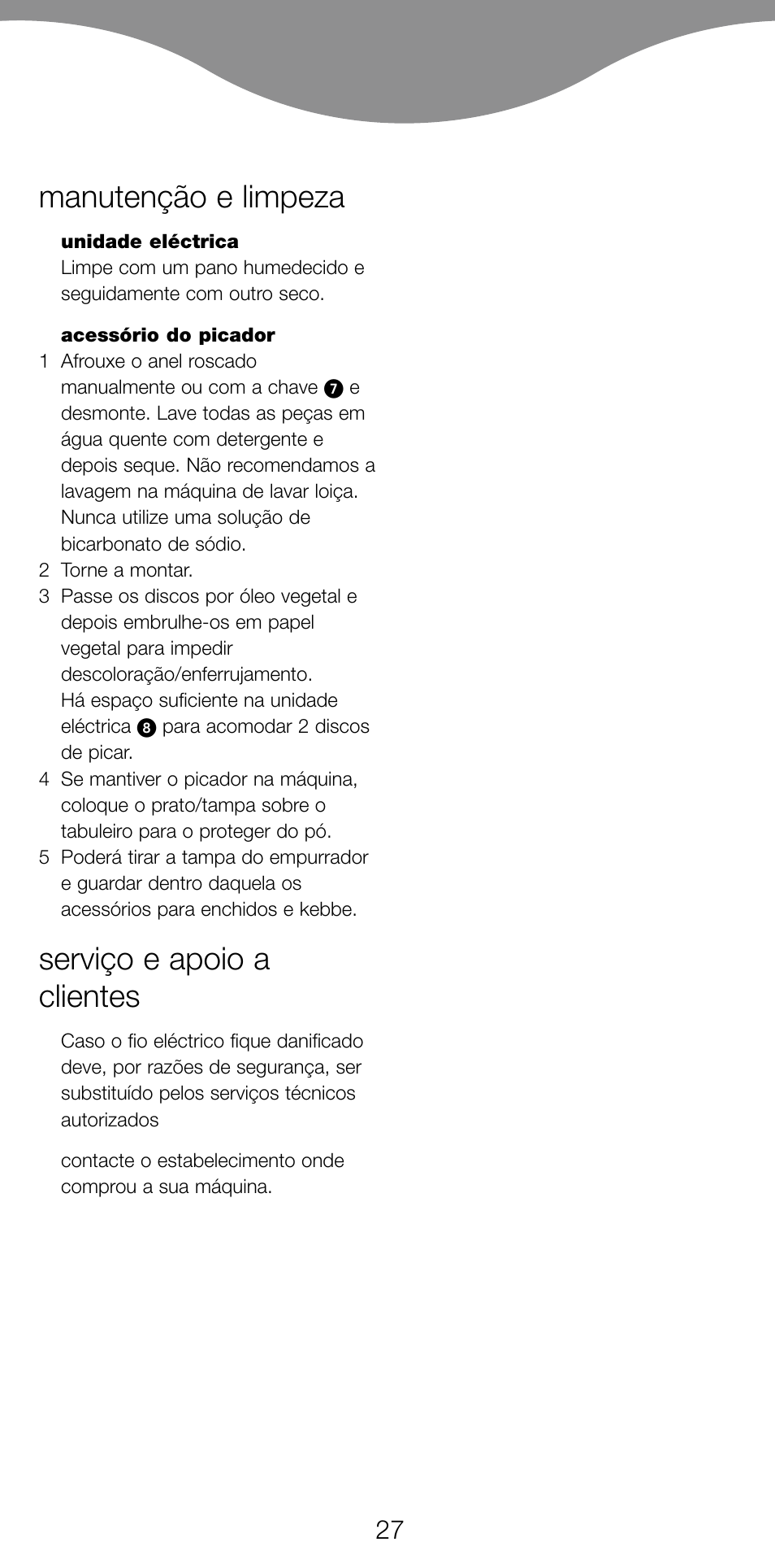 Manutenção e limpeza, Serviço e apoio a clientes | Kenwood MG470 User Manual | Page 32 / 76