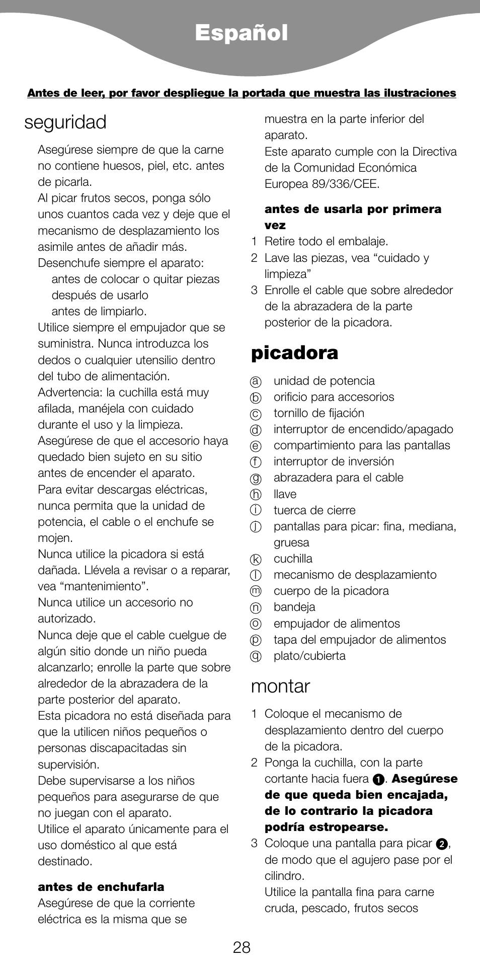 Español, Seguridad, Picadora | Montar | Kenwood MG470 User Manual | Page 33 / 76