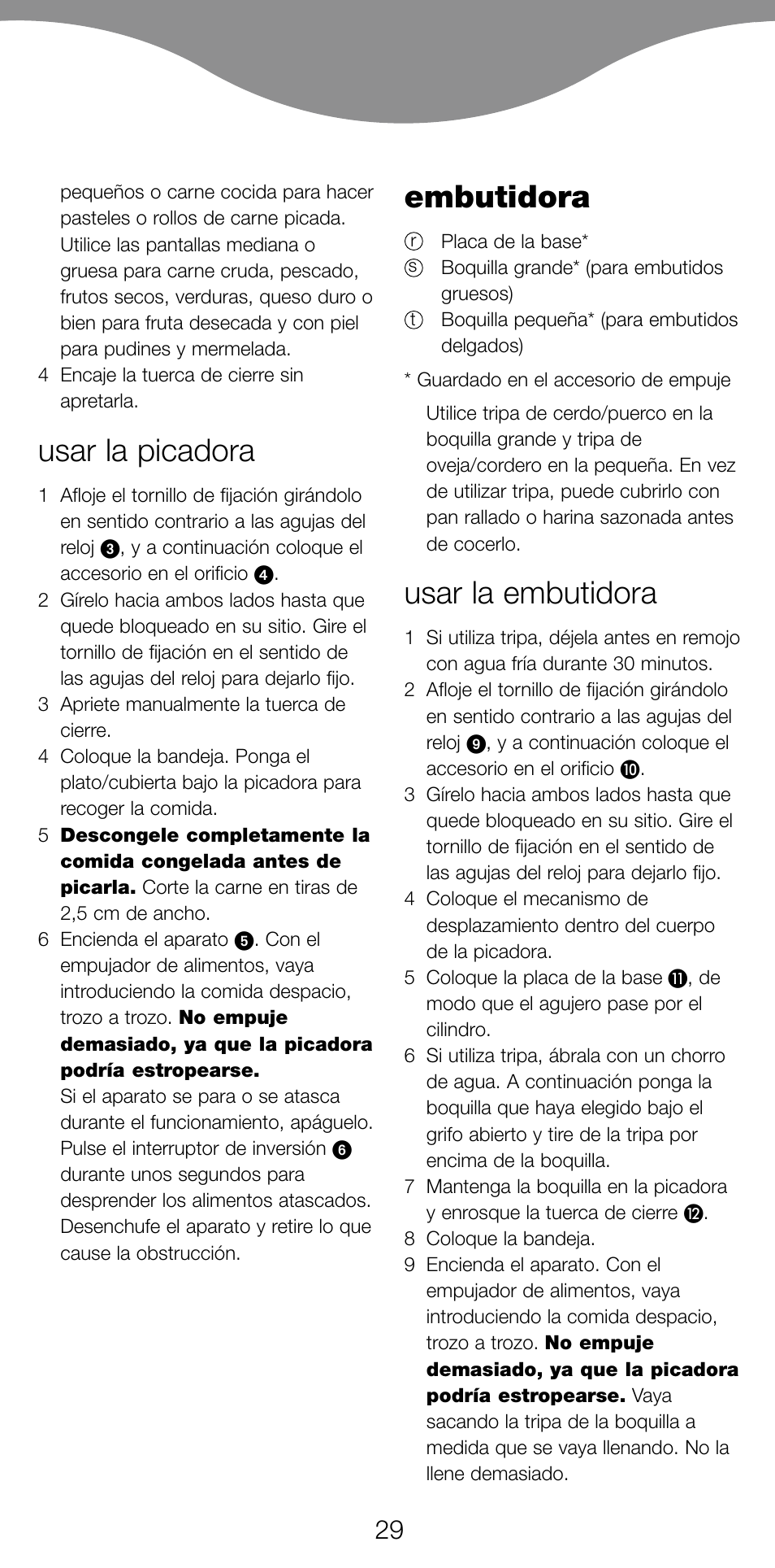 Usar la picadora, Embutidora, Usar la embutidora | Kenwood MG470 User Manual | Page 34 / 76