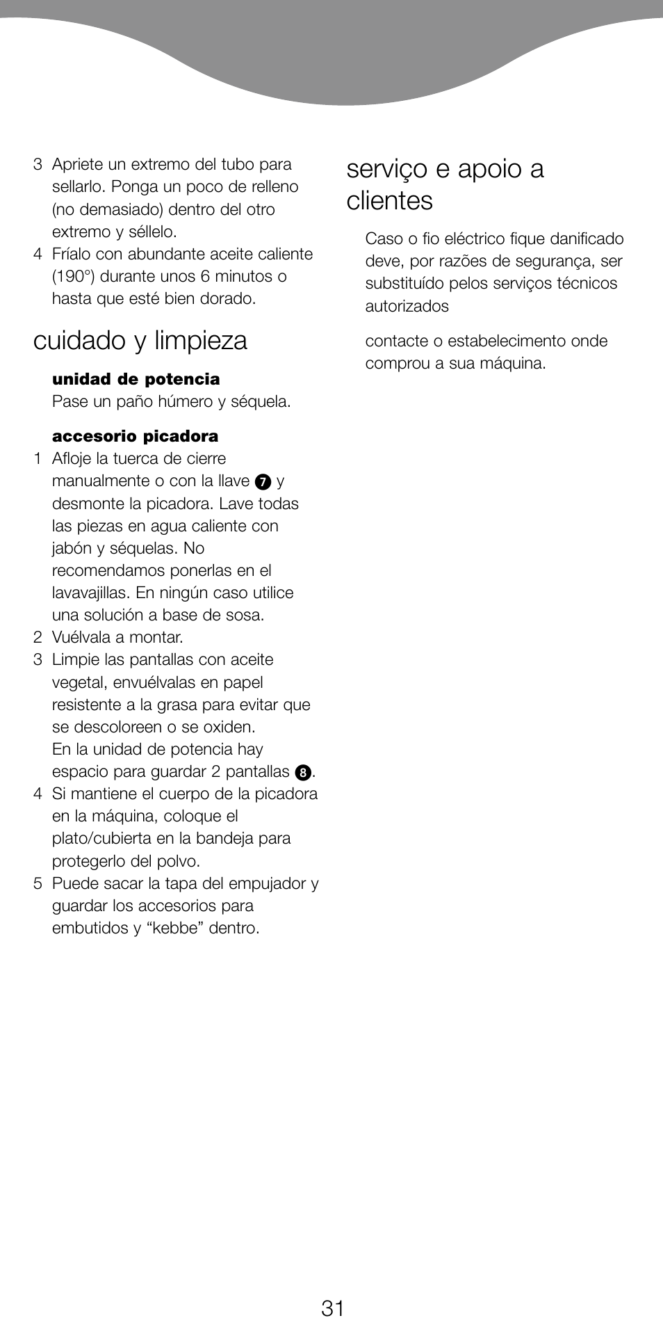 Cuidado y limpieza, Serviço e apoio a clientes | Kenwood MG470 User Manual | Page 36 / 76