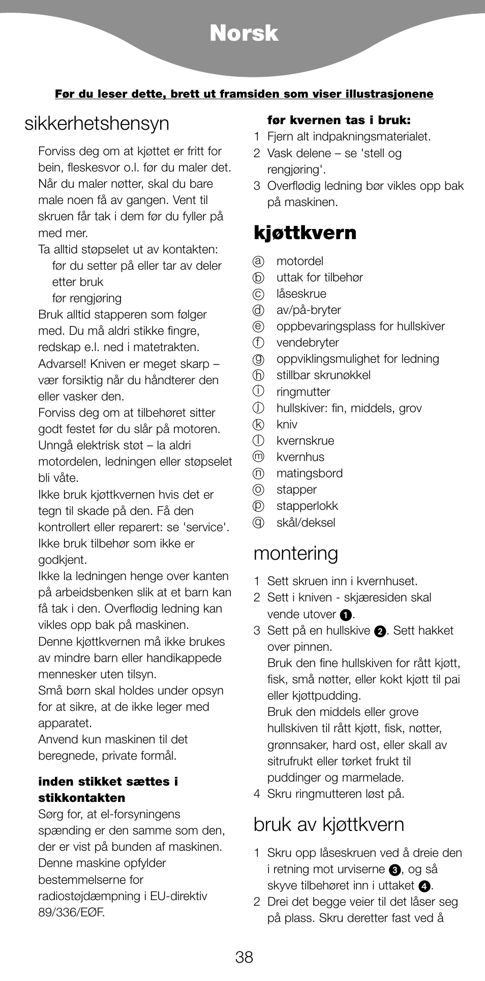 Norsk, Sikkerhetshensyn, Kjøttkvern | Montering, Bruk av kjøttkvern | Kenwood MG470 User Manual | Page 43 / 76