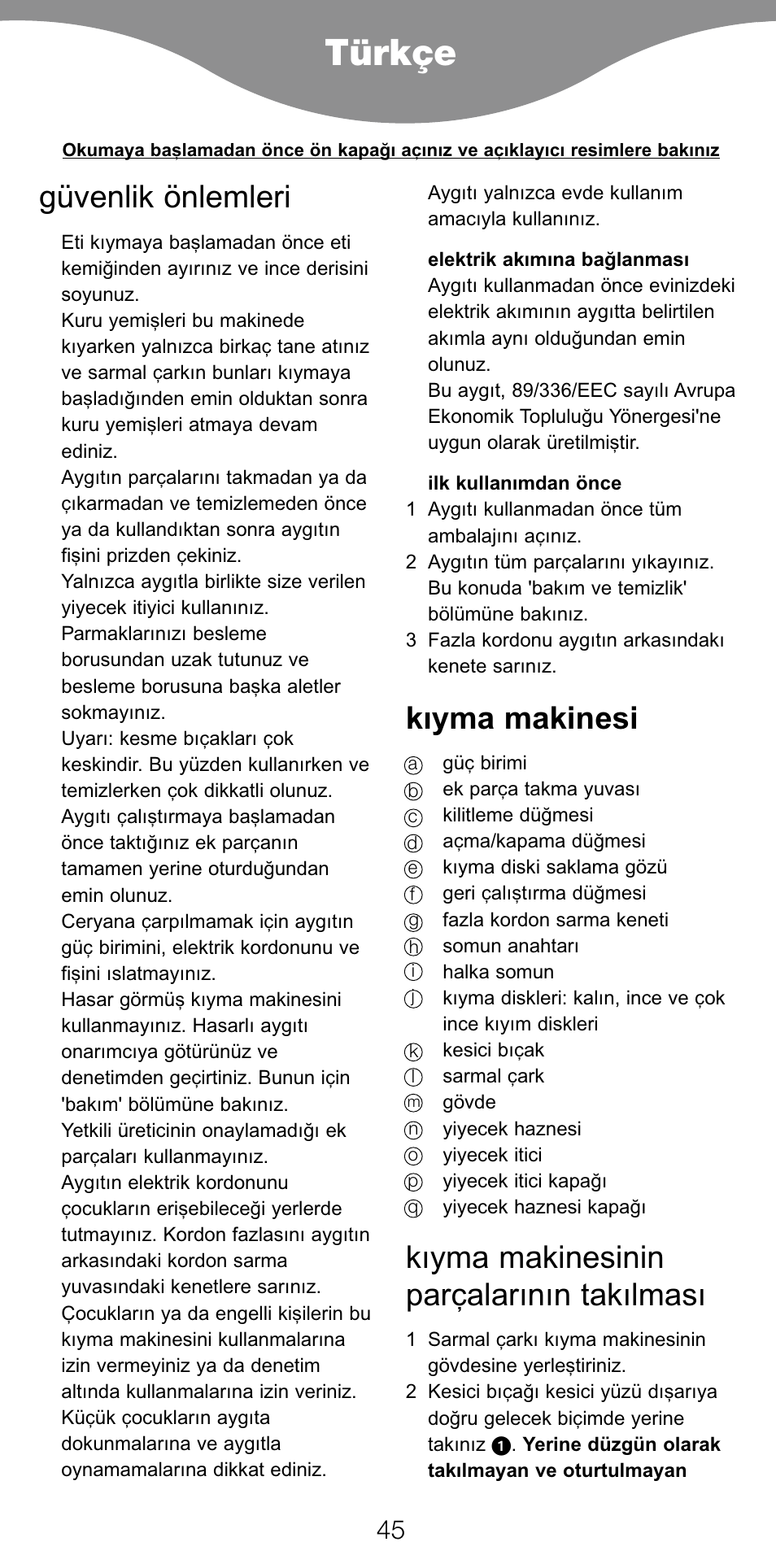 Türkçe, Güvenlik önlemleri, Kıyma makinesi | Kıyma makinesinin parçalarının takılması | Kenwood MG470 User Manual | Page 50 / 76