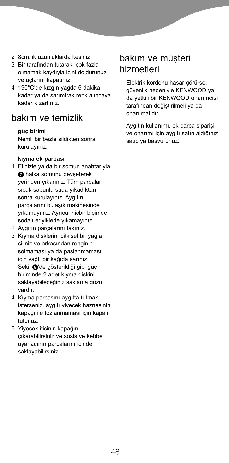 Bakım ve temizlik, Bakım ve mü…teri hizmetleri | Kenwood MG470 User Manual | Page 53 / 76