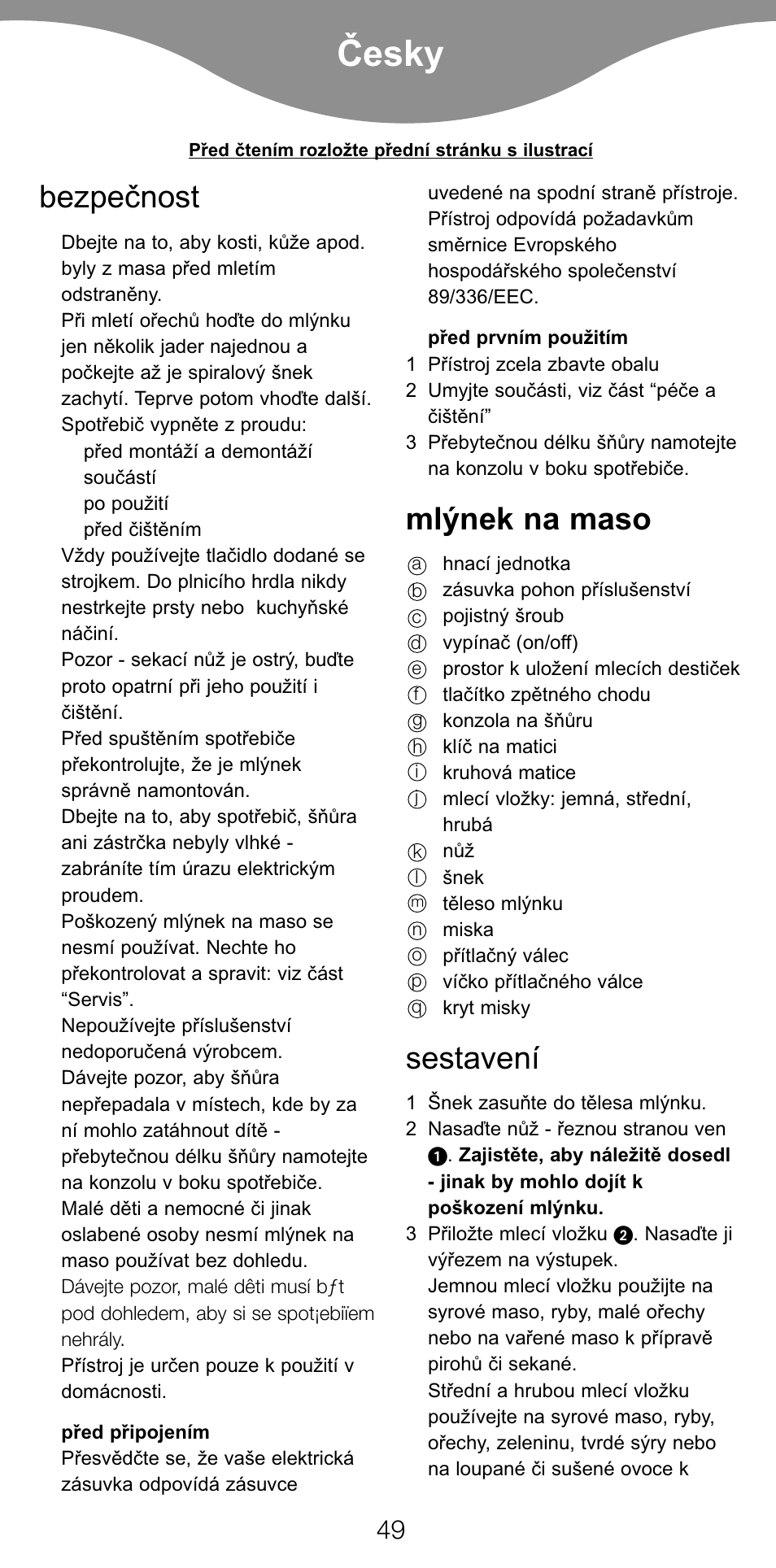 Ïesky, Bezpeïnost, Mlƒnek na maso | Sestavení | Kenwood MG470 User Manual | Page 54 / 76