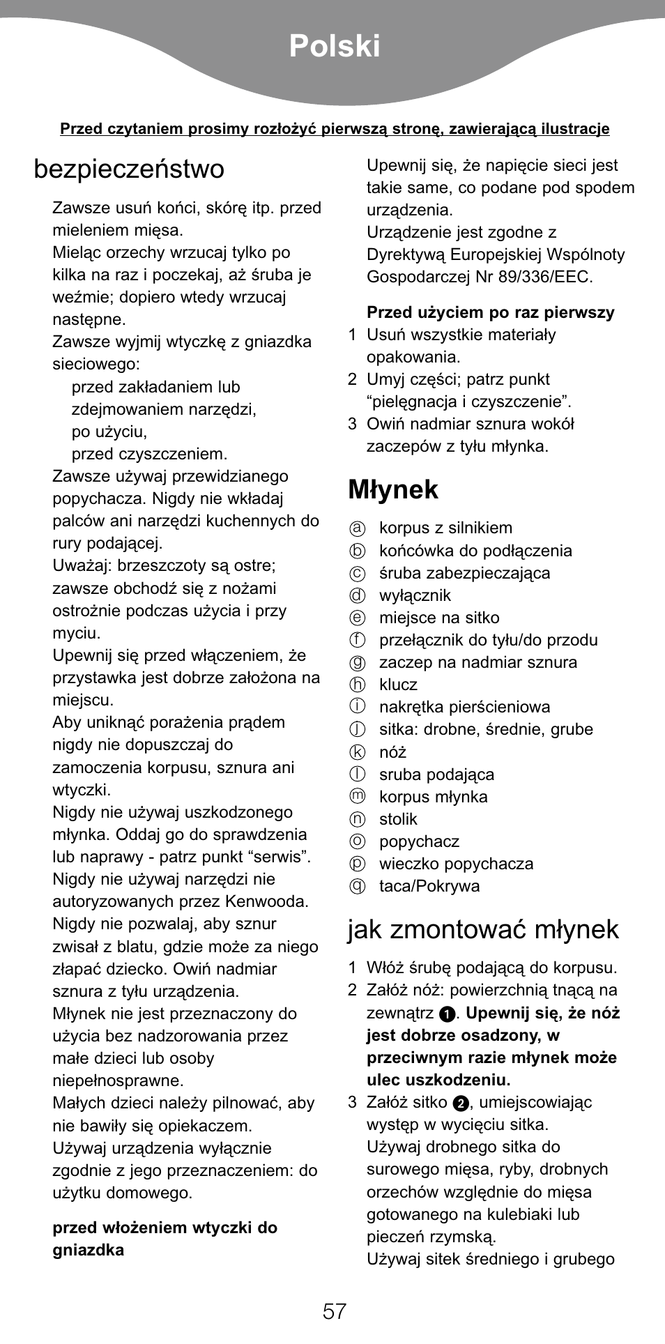 Polski, Bezpieczeæstwo, M¢ynek | Jak zmontowaç m¢ynek | Kenwood MG470 User Manual | Page 62 / 76