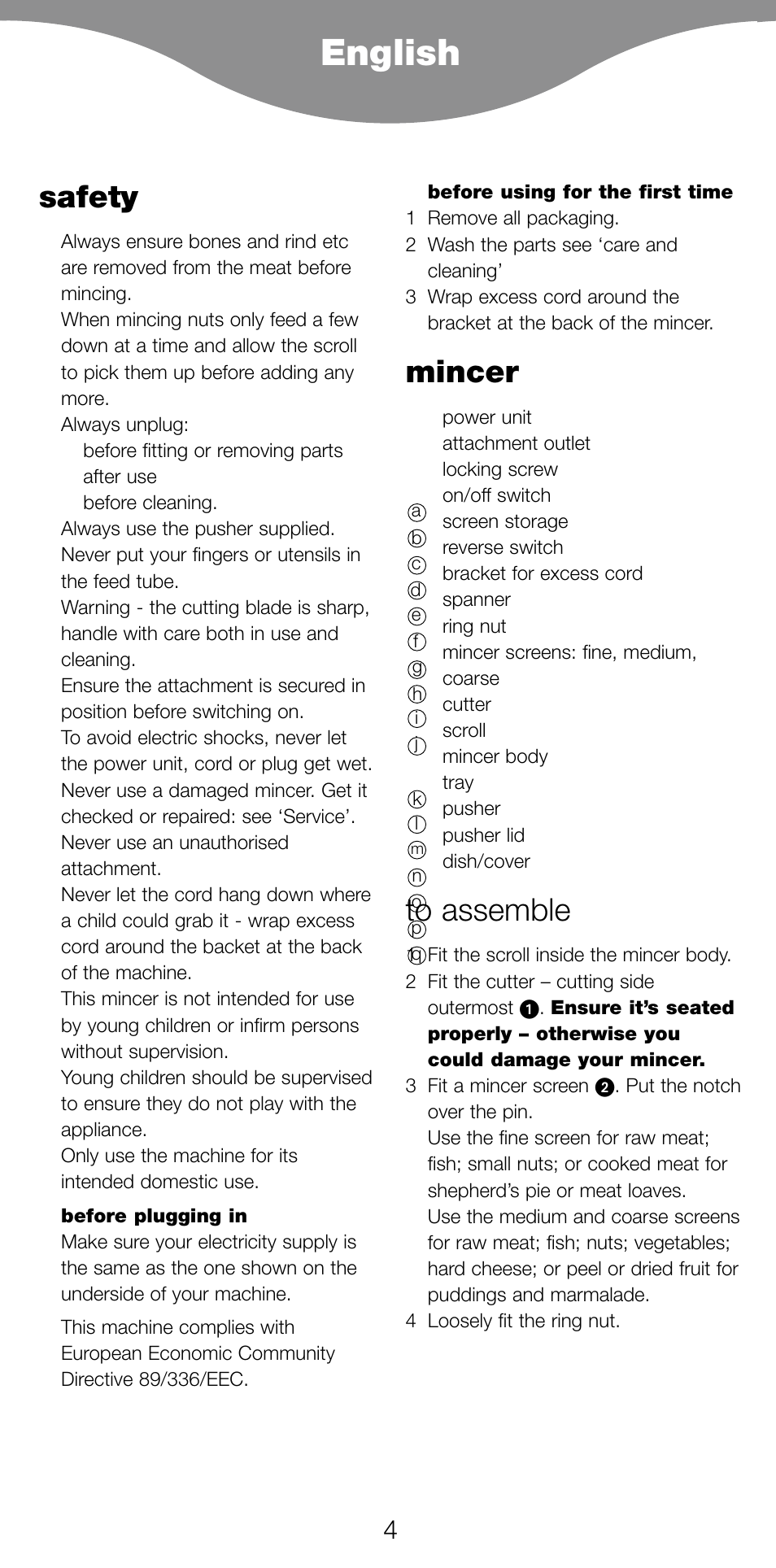 English, Safety, Mincer | Kenwood MG470 User Manual | Page 9 / 76