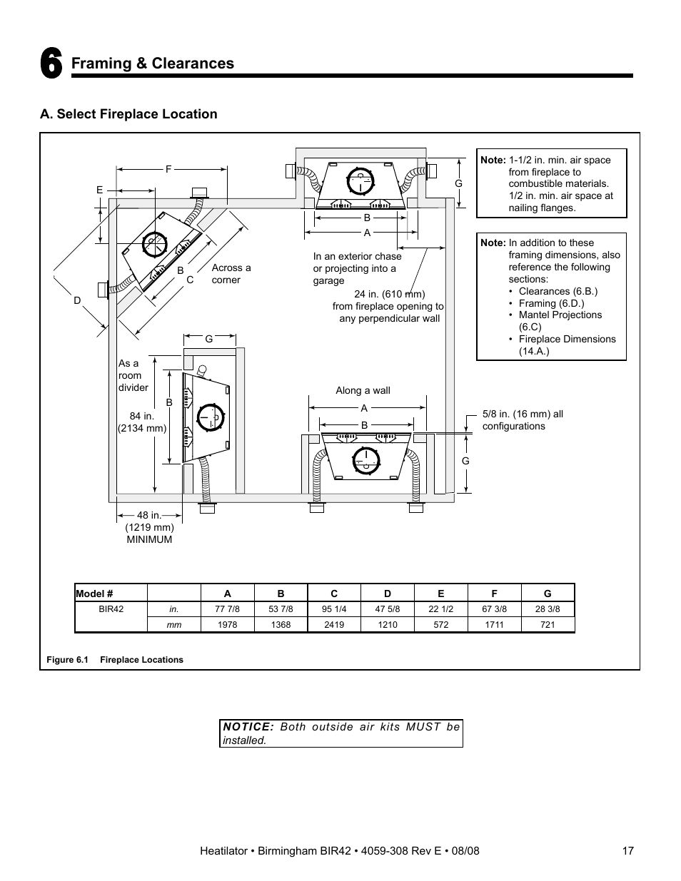 Framing & clearances, A. select fireplace location | Hearth and Home Technologies BIR42 User Manual | Page 17 / 56