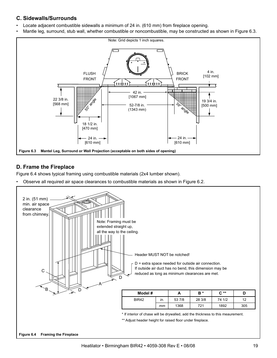 D. frame the fireplace, C. sidewalls/surrounds | Hearth and Home Technologies BIR42 User Manual | Page 19 / 56