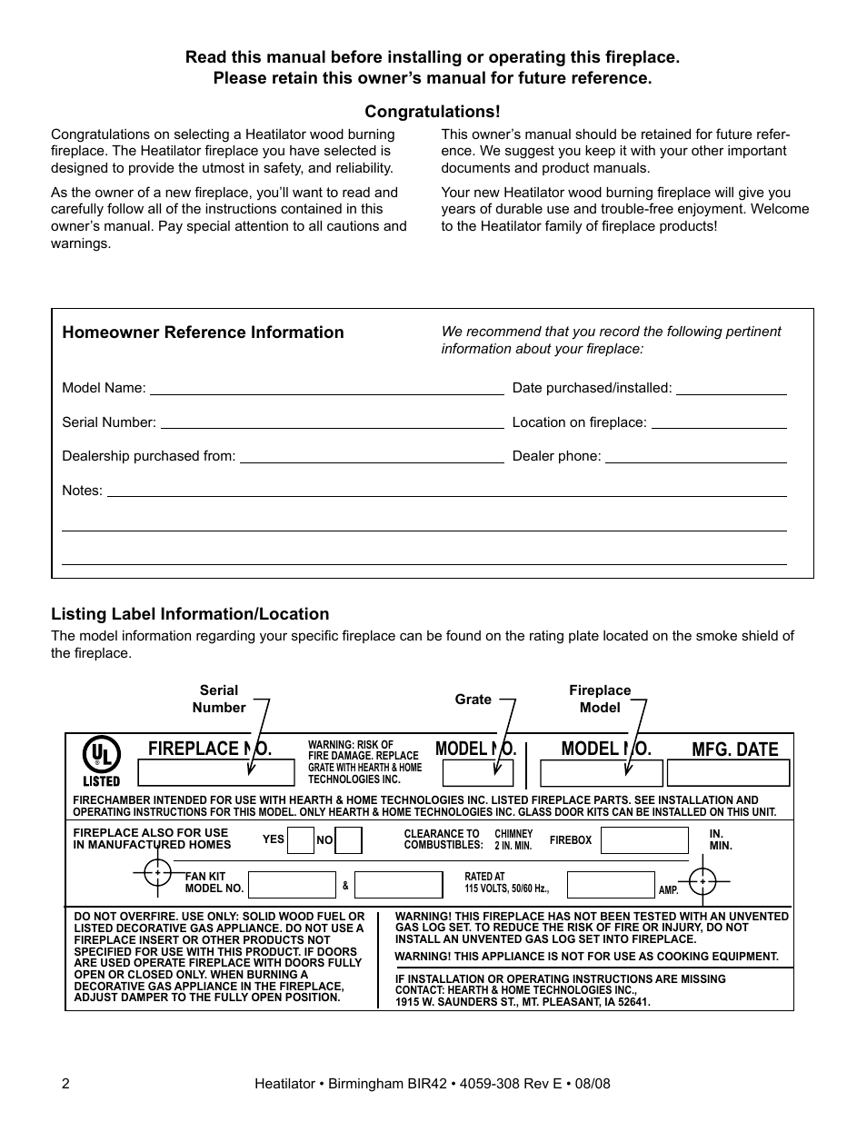 Fireplace no. model no. model no. mfg. date, Listing label information/location | Hearth and Home Technologies BIR42 User Manual | Page 2 / 56