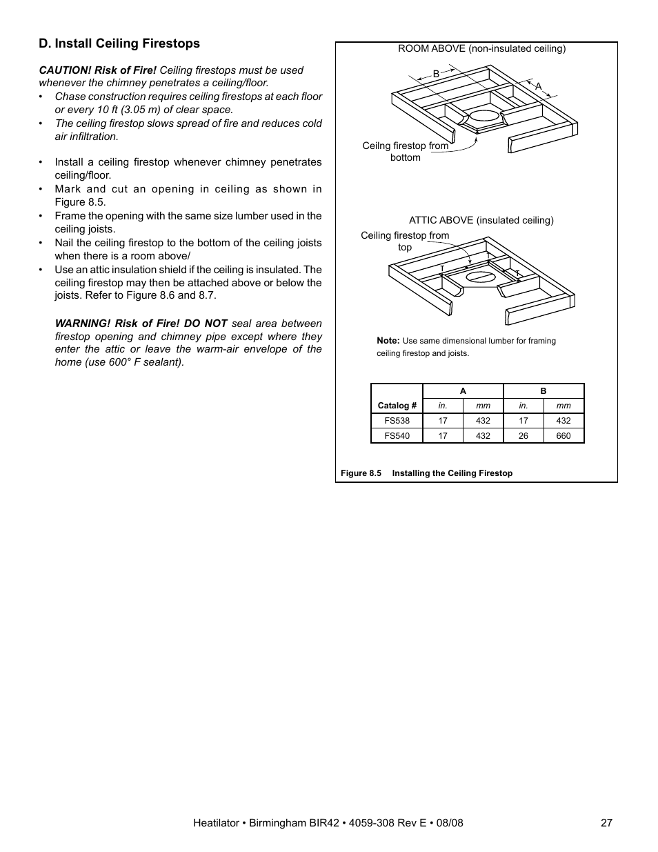 D. install ceiling firestops | Hearth and Home Technologies BIR42 User Manual | Page 27 / 56
