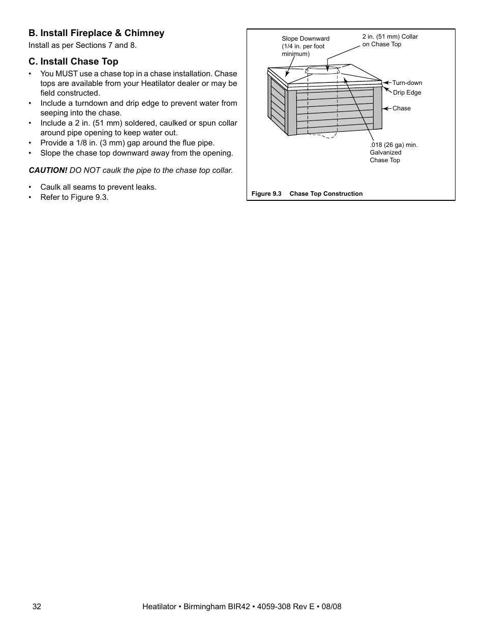 B. install fireplace & chimney, C. install chase top | Hearth and Home Technologies BIR42 User Manual | Page 32 / 56