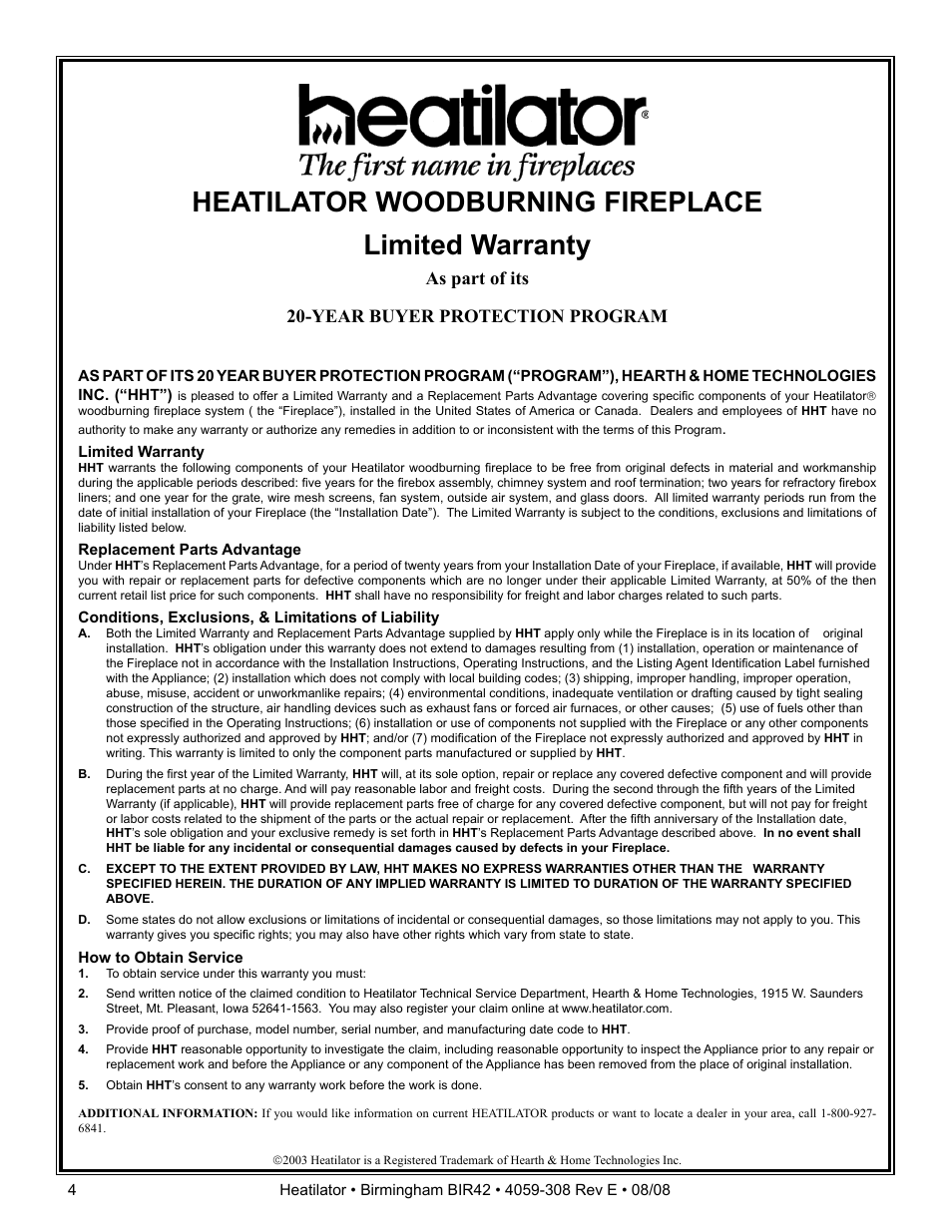 Heatilator woodburning fireplace limited warranty, As part of its 20-year buyer protection program | Hearth and Home Technologies BIR42 User Manual | Page 4 / 56