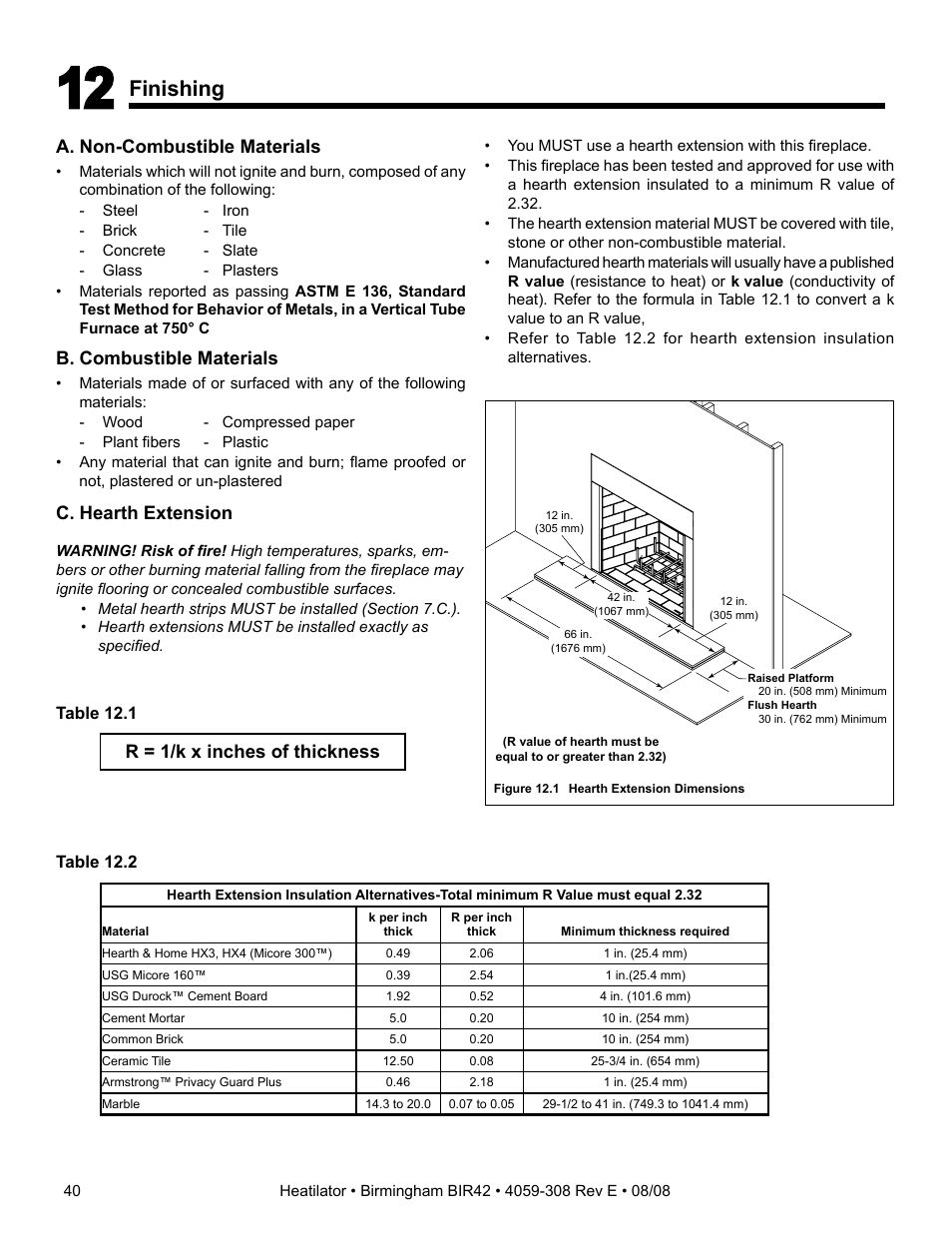 Finishing, A. non-combustible materials, B. combustible materials | C. hearth extension, R = 1/k x inches of thickness | Hearth and Home Technologies BIR42 User Manual | Page 40 / 56