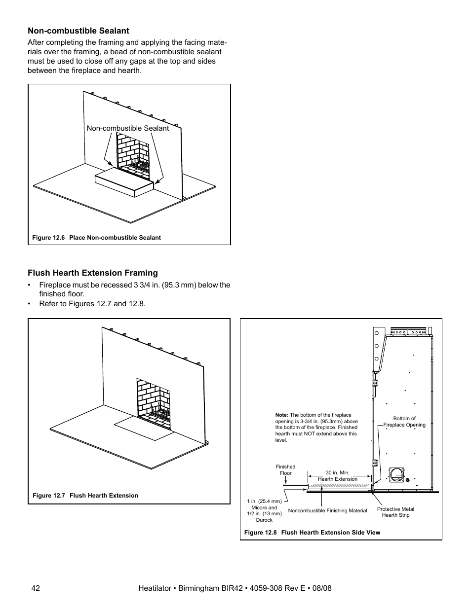 Non-combustible sealant, Flush hearth extension framing | Hearth and Home Technologies BIR42 User Manual | Page 42 / 56