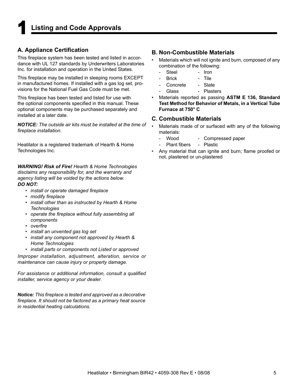 Listing and code approvals | Hearth and Home Technologies BIR42 User Manual | Page 5 / 56