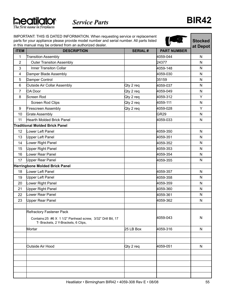 Bir42, Service parts | Hearth and Home Technologies BIR42 User Manual | Page 55 / 56
