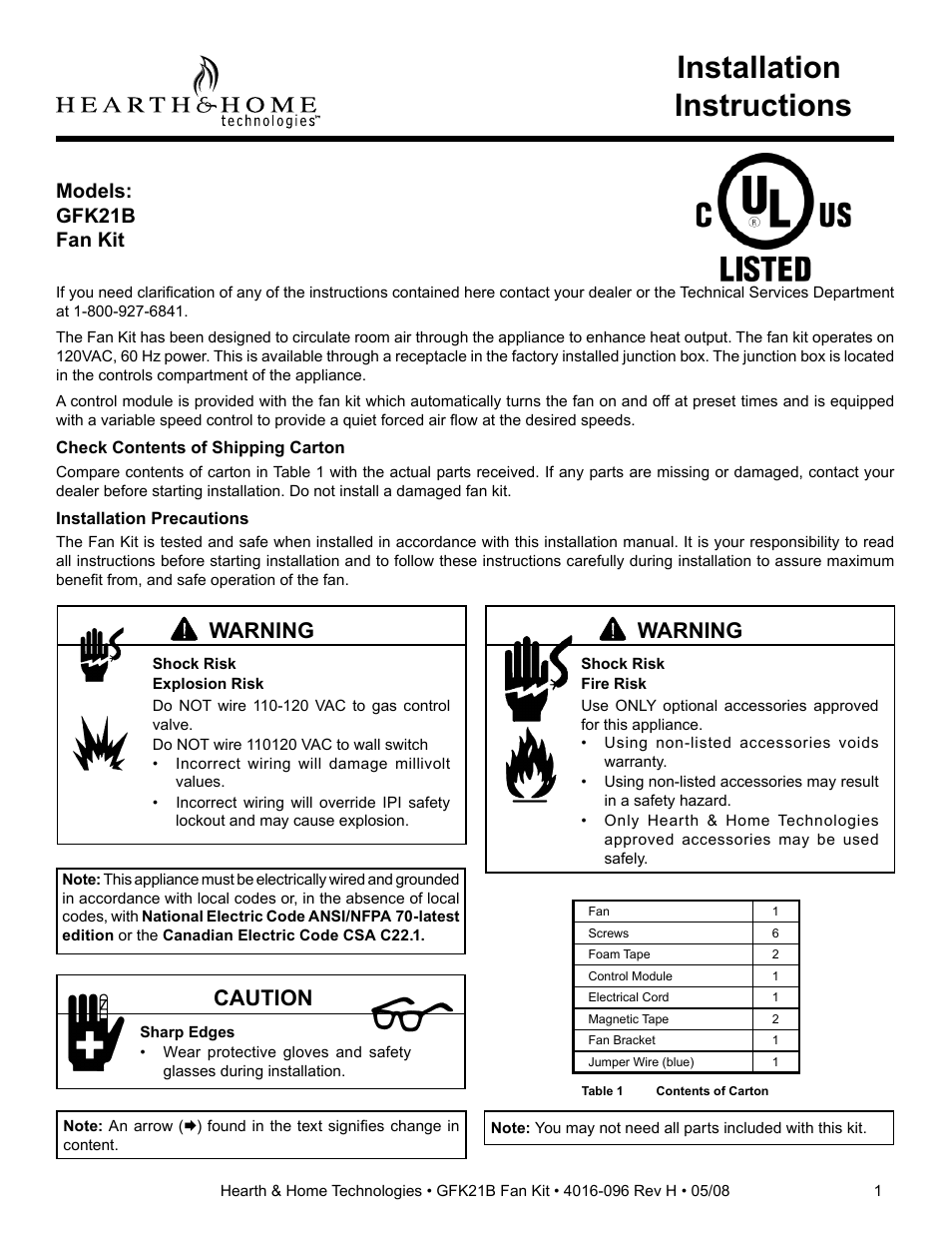 Hearth and Home Technologies FAN KIT GFK21B User Manual | 4 pages