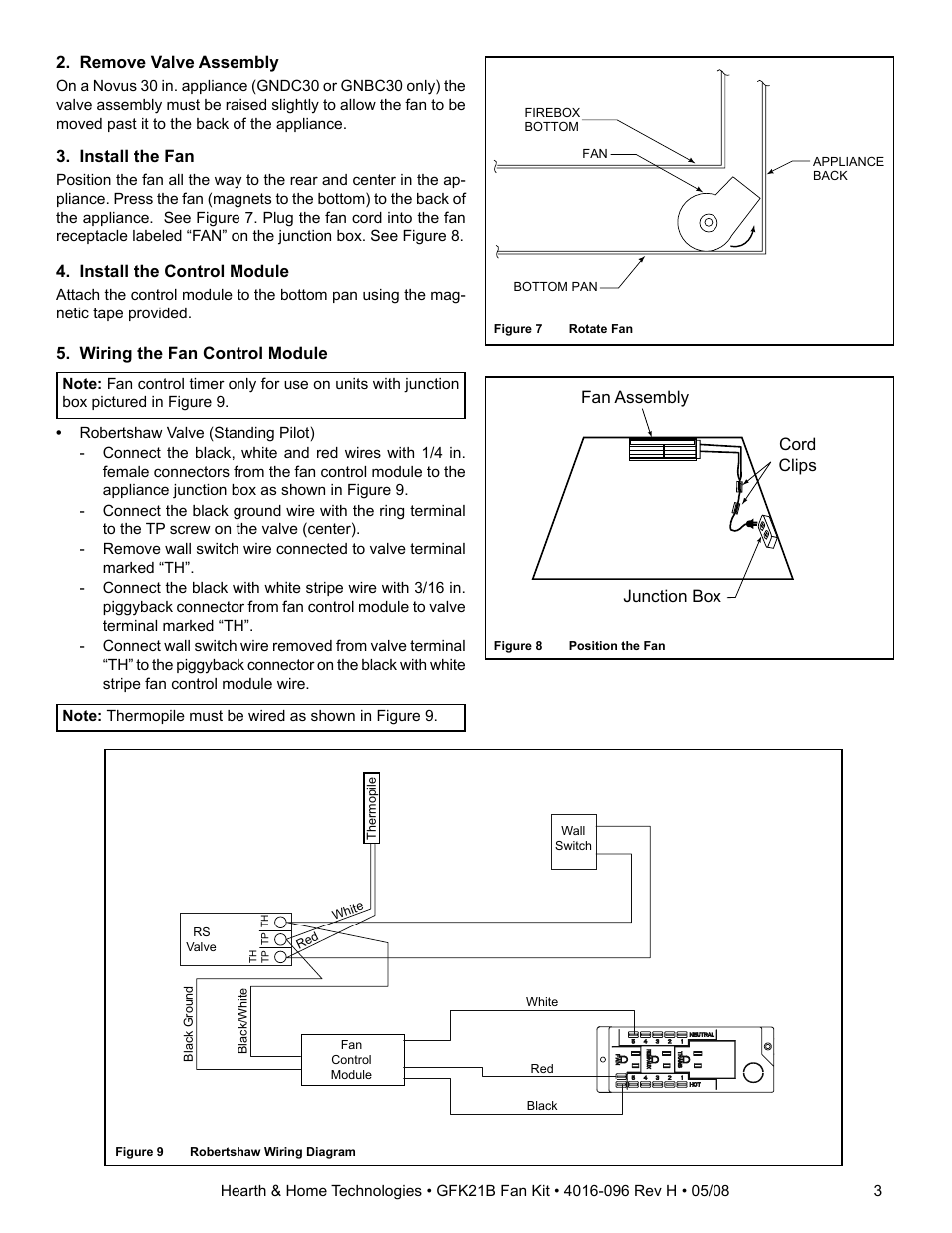 Install the fan, Junction box fan assembly cord clips, Install the control module | Remove valve assembly, Wiring the fan control module | Hearth and Home Technologies FAN KIT GFK21B User Manual | Page 3 / 4