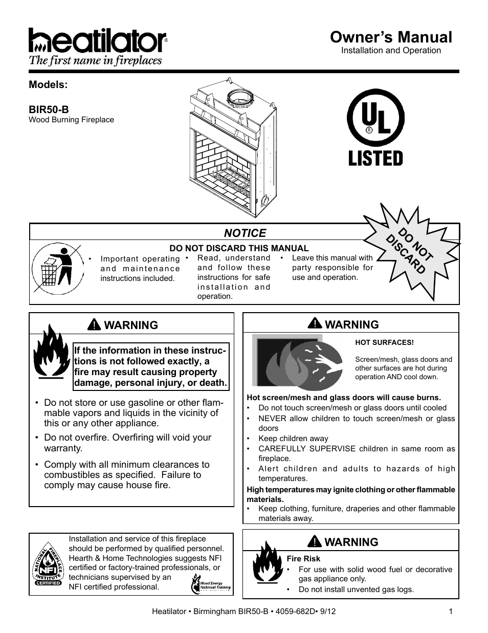 Hearth and Home Technologies BIR50-B User Manual | 50 pages