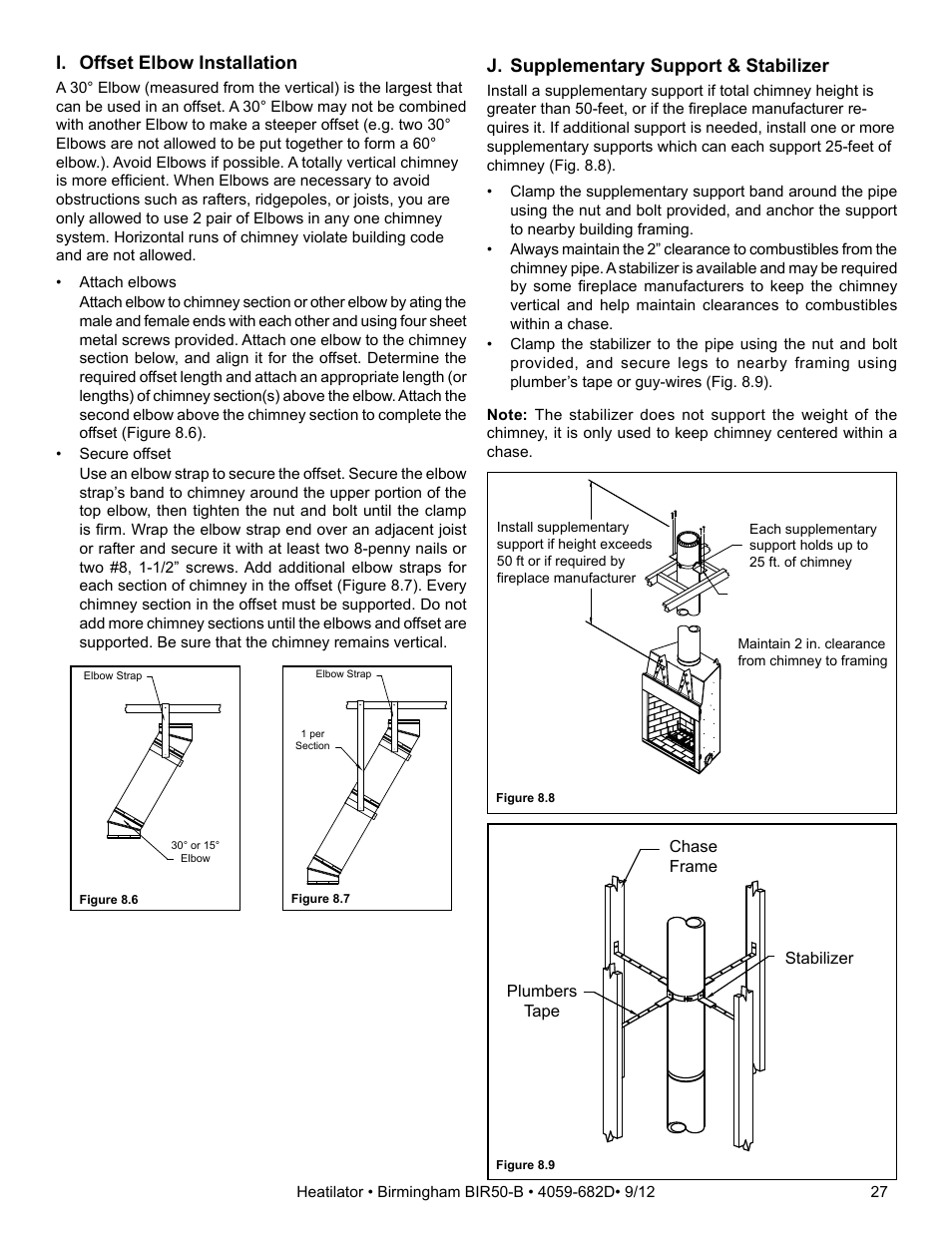 I. offset elbow installation, J. supplementary support & stabilizer | Hearth and Home Technologies BIR50-B User Manual | Page 27 / 50