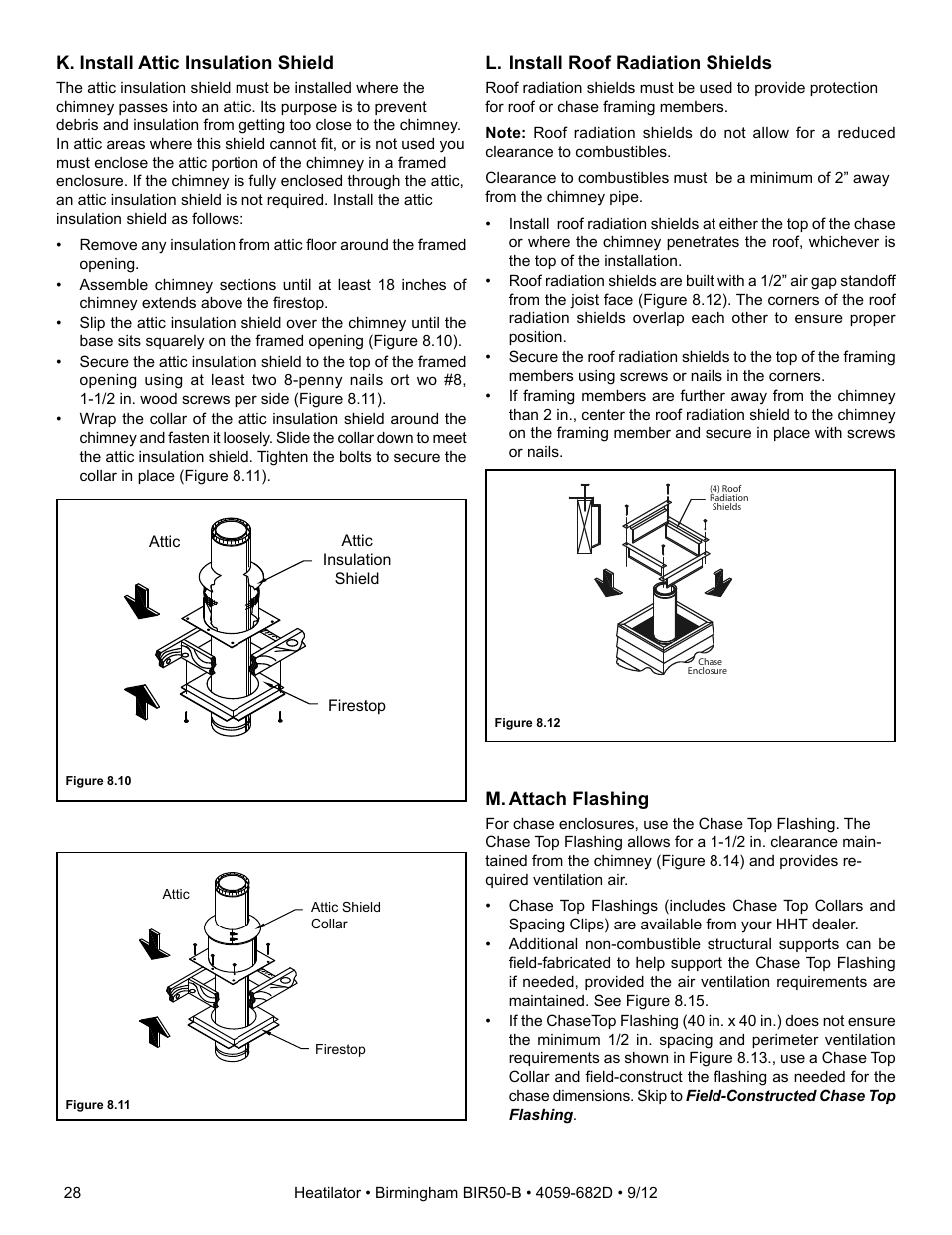 K. install attic insulation shield, L. install roof radiation shields, M. attach flashing | Hearth and Home Technologies BIR50-B User Manual | Page 28 / 50