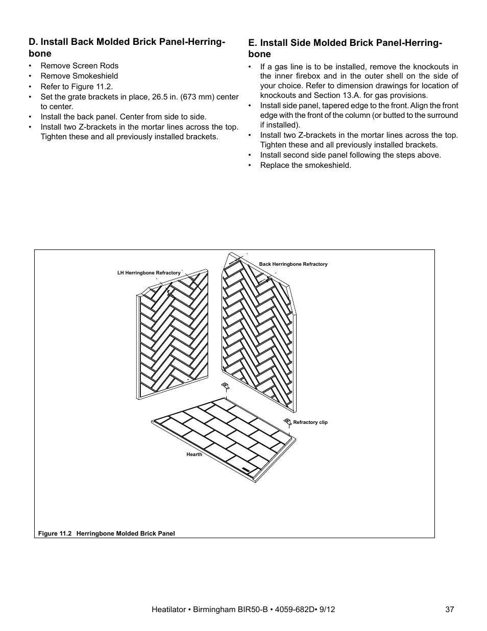 D. install back molded brick panel-herring- bone, E. install side molded brick panel-herring- bone | Hearth and Home Technologies BIR50-B User Manual | Page 37 / 50