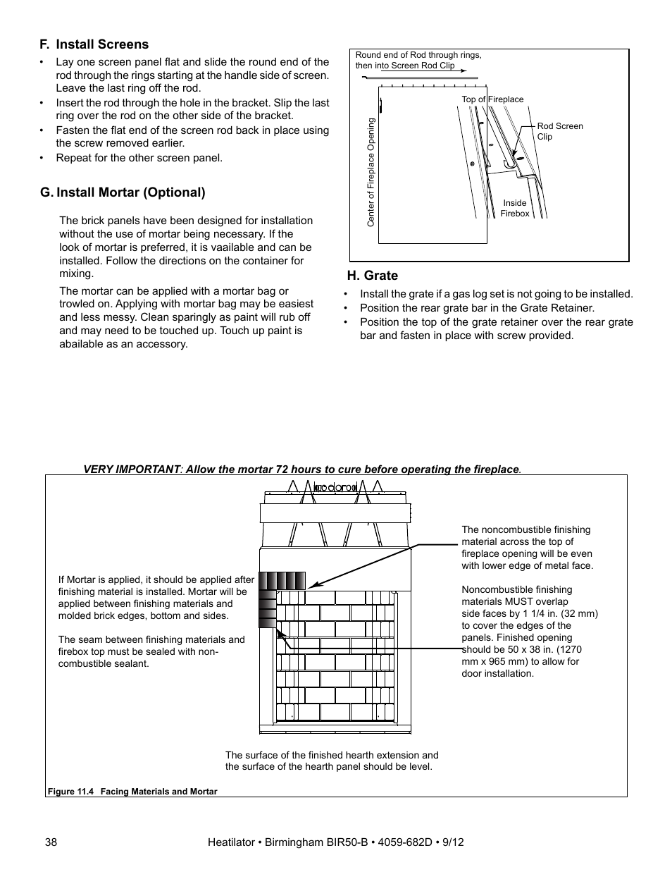 F. install screens, G. install mortar (optional), H. grate | Hearth and Home Technologies BIR50-B User Manual | Page 38 / 50