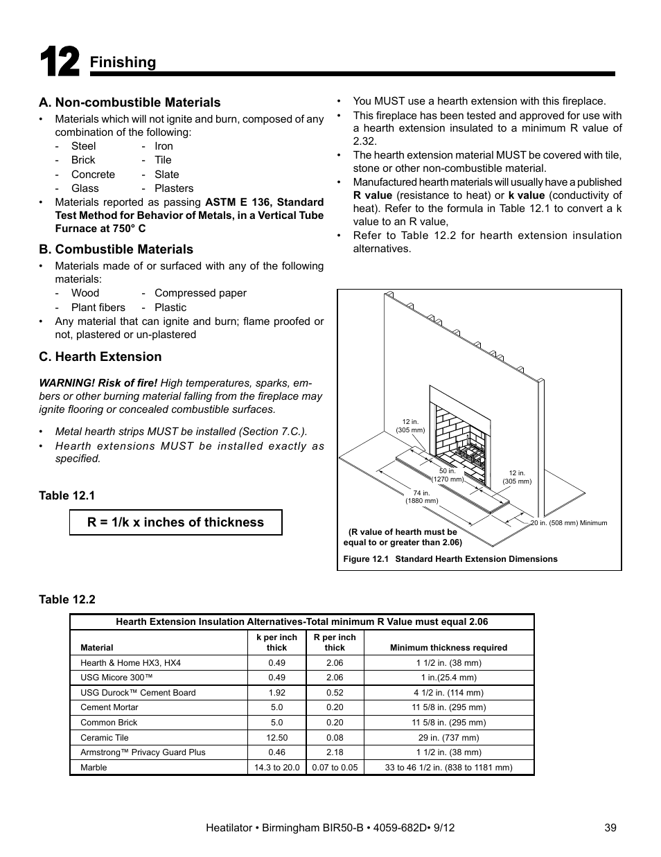 Finishing, A. non-combustible materials, B. combustible materials | C. hearth extension, R = 1/k x inches of thickness | Hearth and Home Technologies BIR50-B User Manual | Page 39 / 50