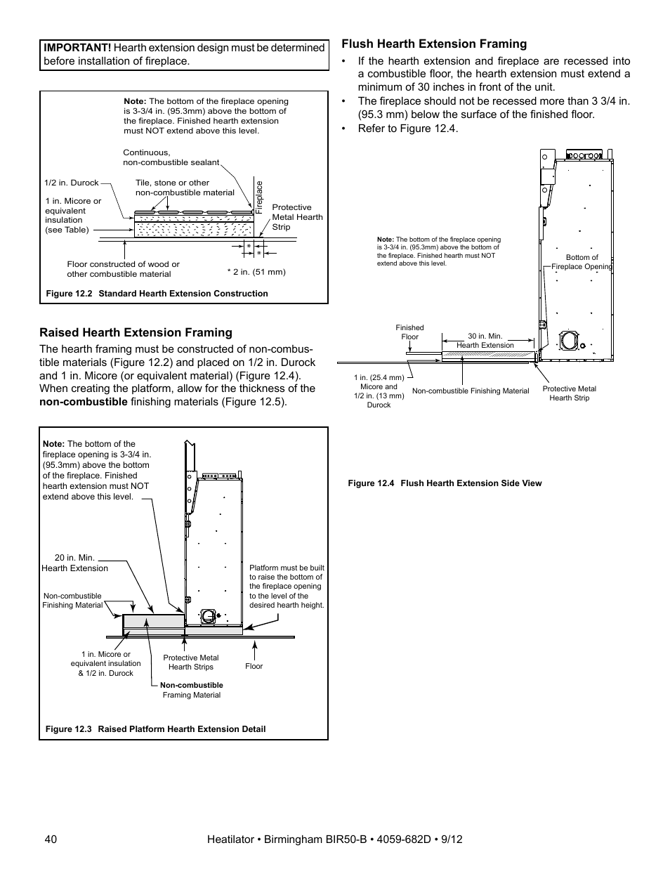 Raised hearth extension framing, Flush hearth extension framing | Hearth and Home Technologies BIR50-B User Manual | Page 40 / 50