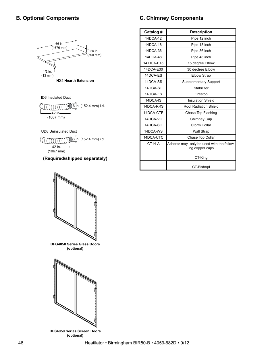 B. optional components, C. chimney components | Hearth and Home Technologies BIR50-B User Manual | Page 46 / 50