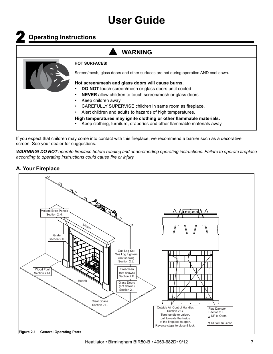 User guide, Operating instructions, Warning | A. your fireplace | Hearth and Home Technologies BIR50-B User Manual | Page 7 / 50