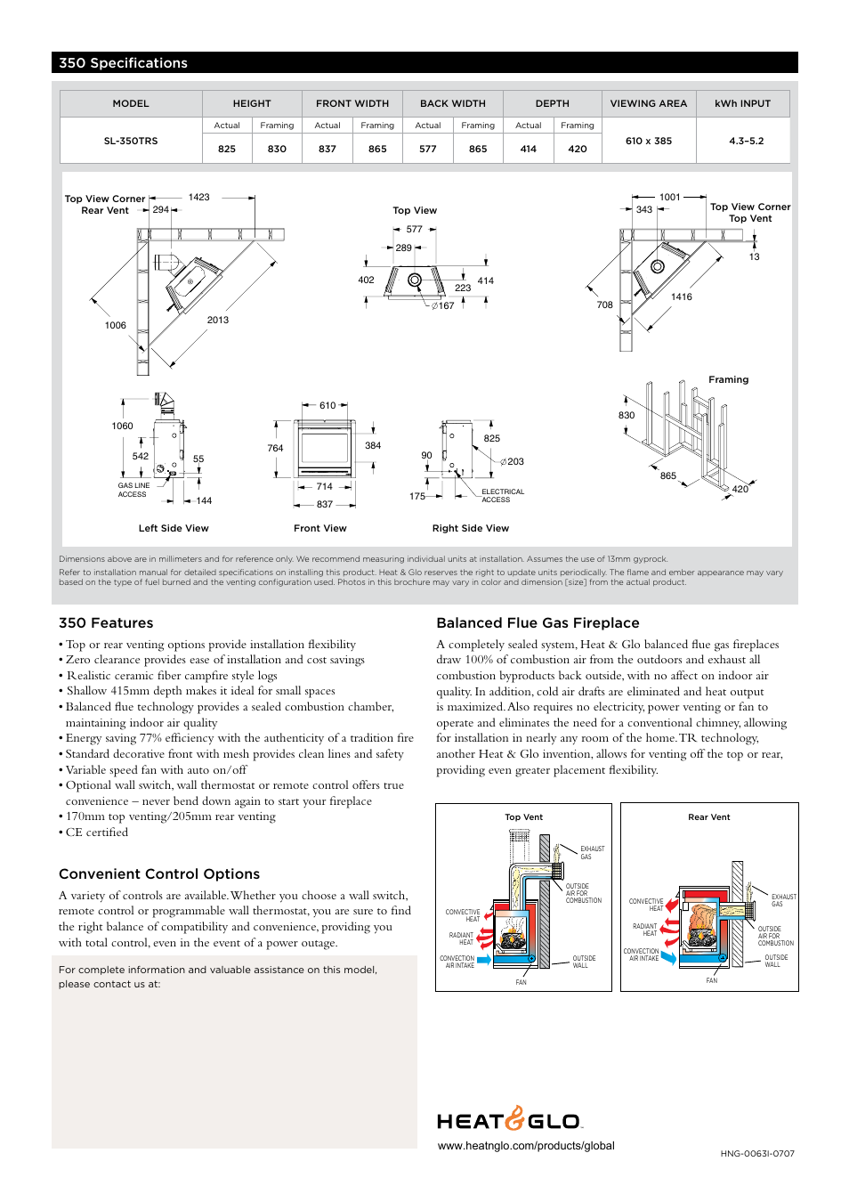 Balanced flue gas fireplace, 350 features, Convenient control options | 350 specifications | Hearth and Home Technologies Balanced Flue Gas Fireplace 350TRS-CE User Manual | Page 2 / 2