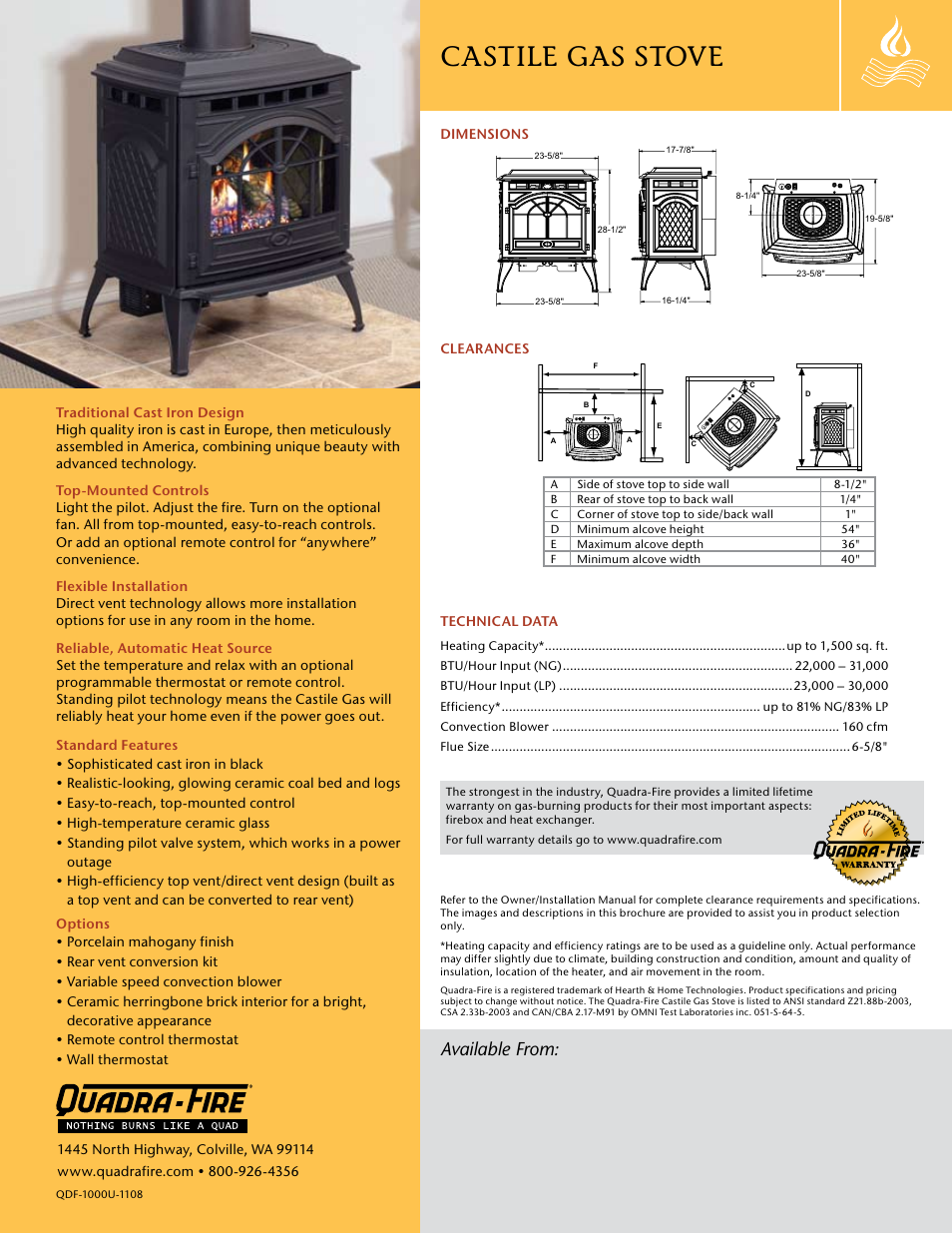 Castile gas stove, Available from | Hearth and Home Technologies Castile Gas Stove User Manual | Page 2 / 2