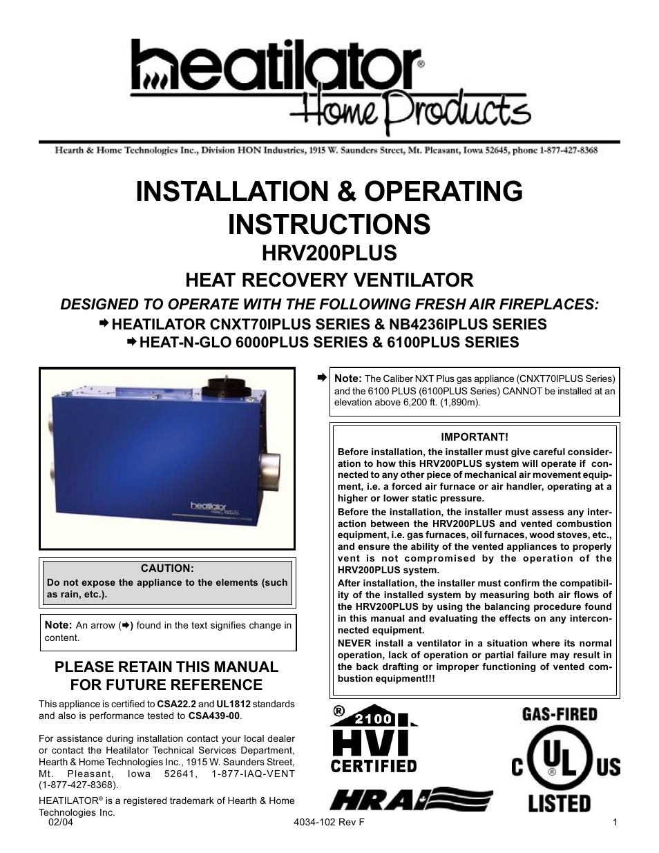 Hearth and Home Technologies Heat Recovery Ventilator HRV200PLUS User Manual | 48 pages