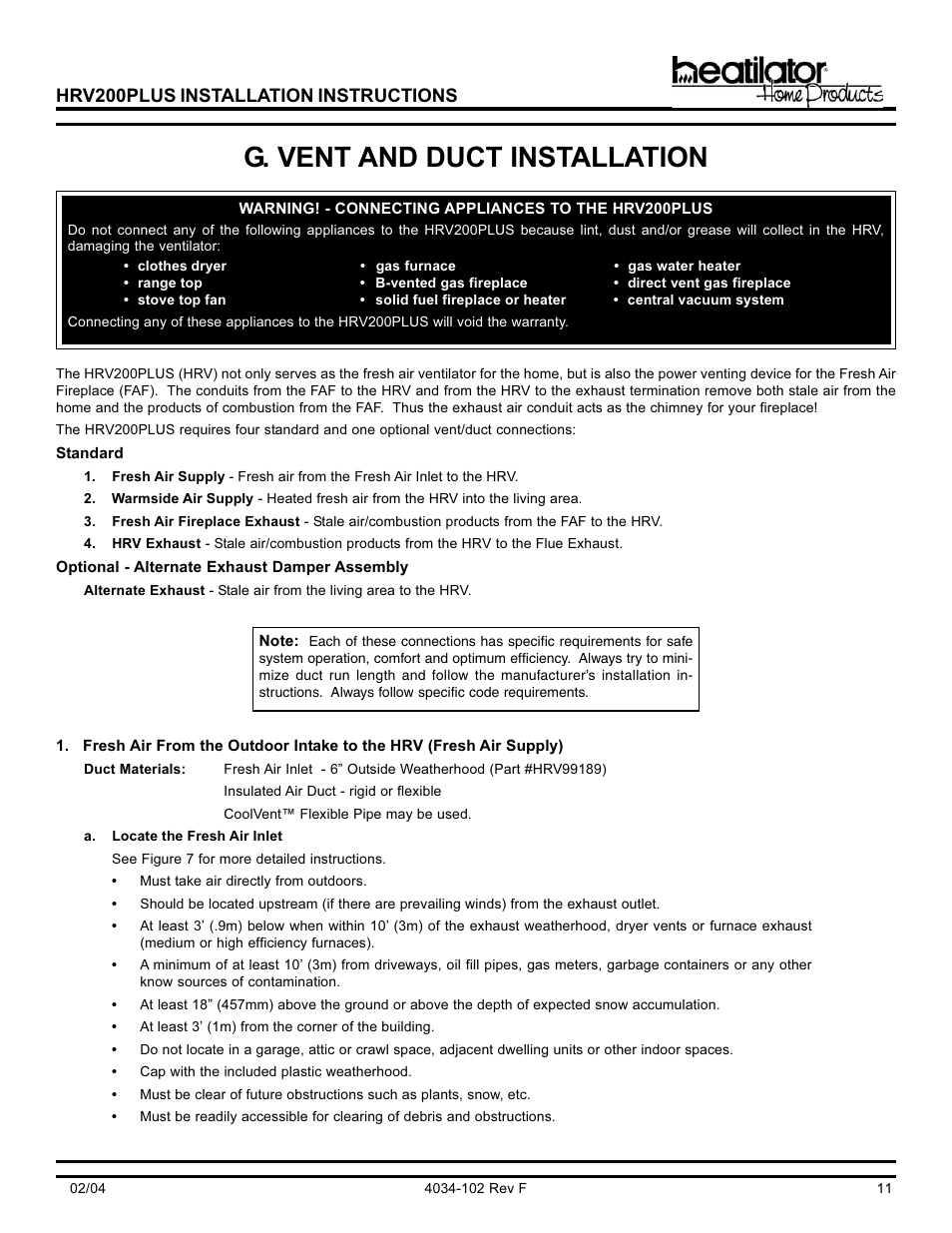 G. vent and duct installation, Hrv200plus installation instructions | Hearth and Home Technologies Heat Recovery Ventilator HRV200PLUS User Manual | Page 11 / 48