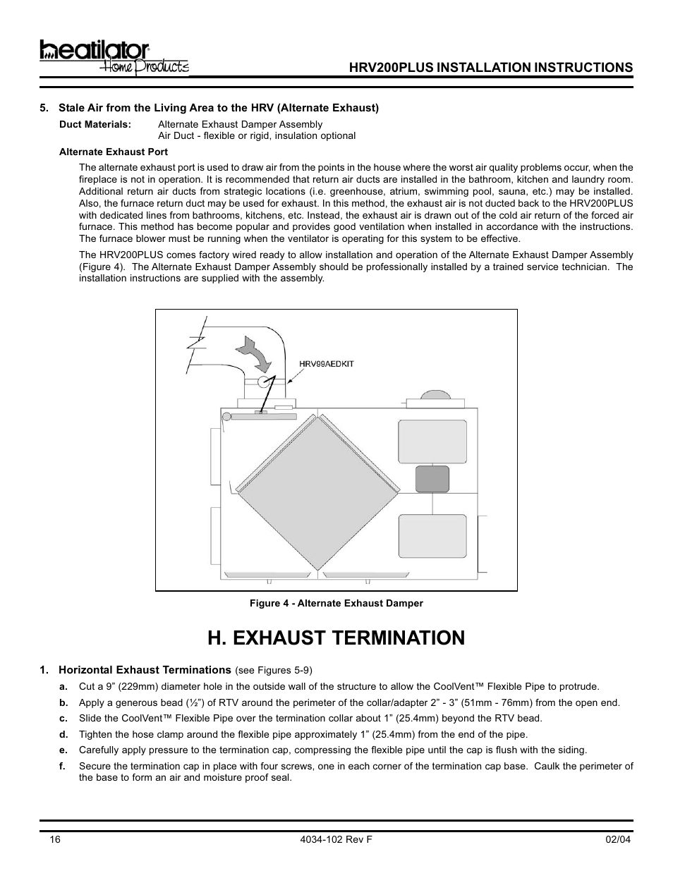 H. exhaust termination | Hearth and Home Technologies Heat Recovery Ventilator HRV200PLUS User Manual | Page 16 / 48