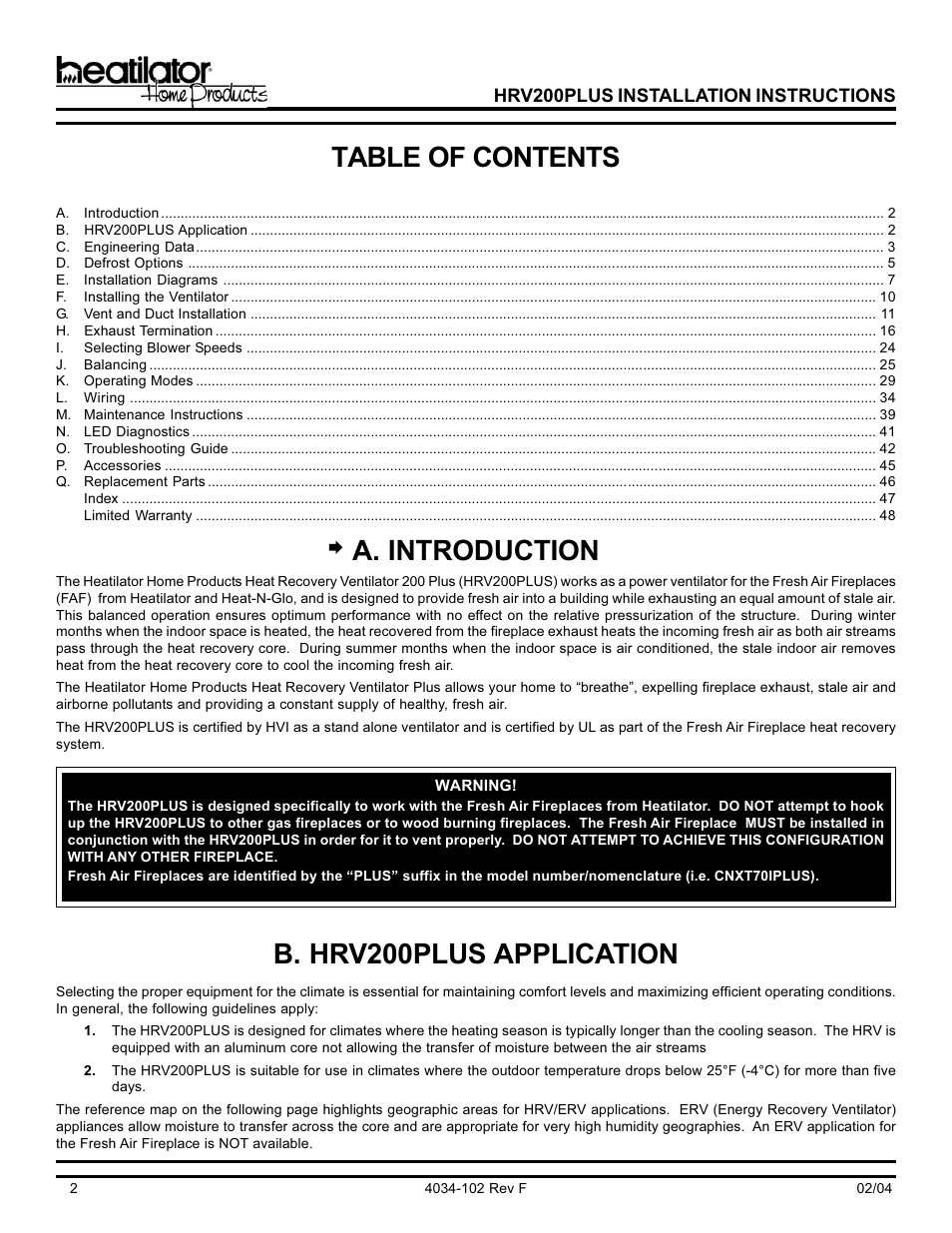 Hearth and Home Technologies Heat Recovery Ventilator HRV200PLUS User Manual | Page 2 / 48