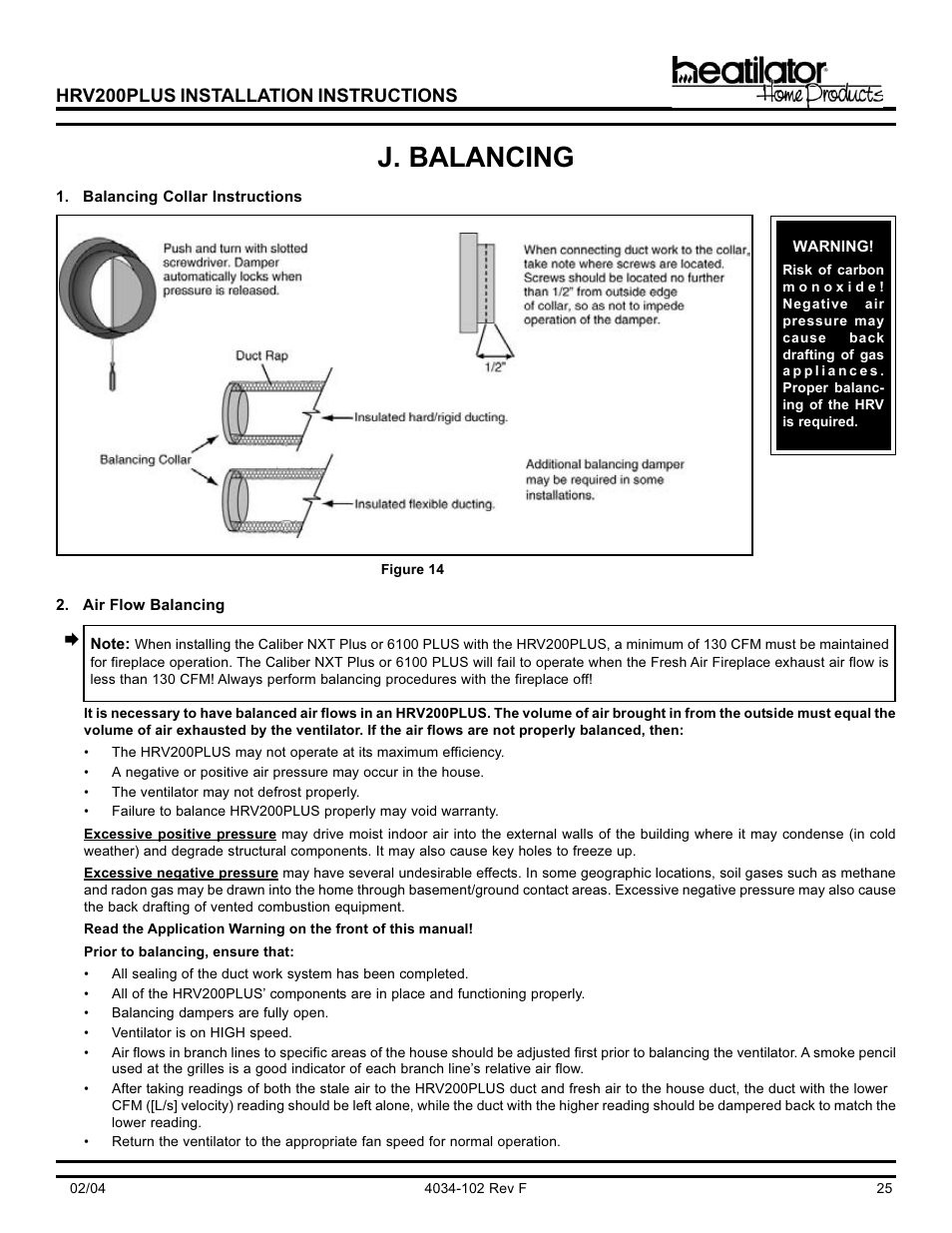 J. balancing, Hrv200plus installation instructions | Hearth and Home Technologies Heat Recovery Ventilator HRV200PLUS User Manual | Page 25 / 48