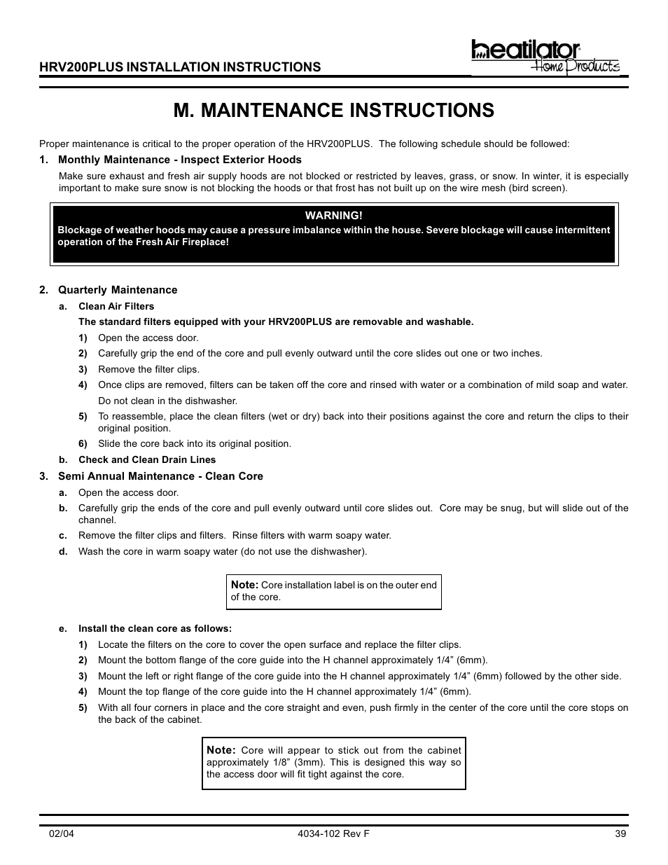M. maintenance instructions | Hearth and Home Technologies Heat Recovery Ventilator HRV200PLUS User Manual | Page 39 / 48